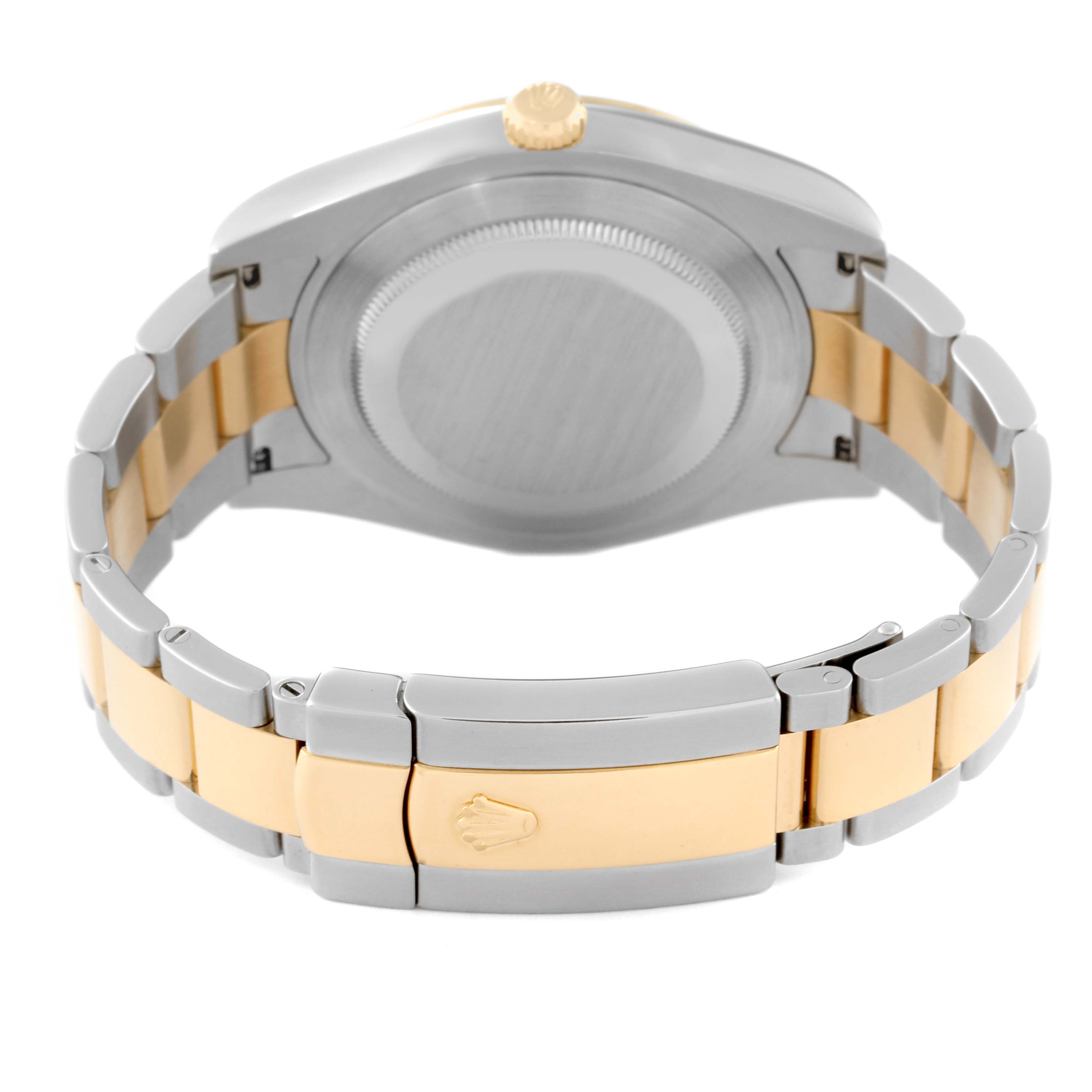 This image shows the Datejust 41 Rolex watch from the rear, highlighting the two-tone bracelet and clasp with the logo.