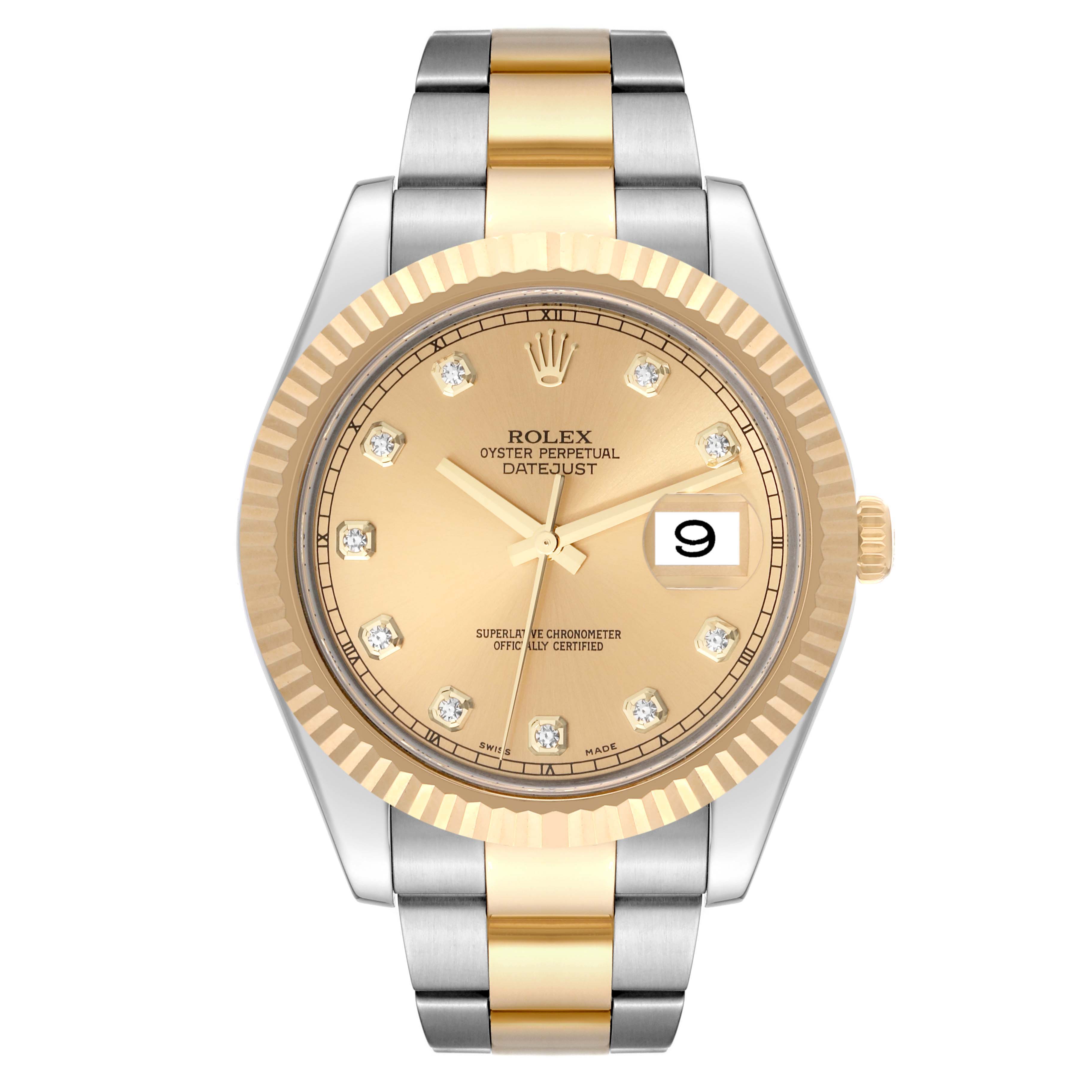 The Rolex Datejust 41 116333 Men's Steel and Gold (two tone) Champagne Dial 116333 Men's Steel and Gold (two tone) Champagne Dial model is shown from a front angle, displaying its dial, bezel, and two-tone bracelet.