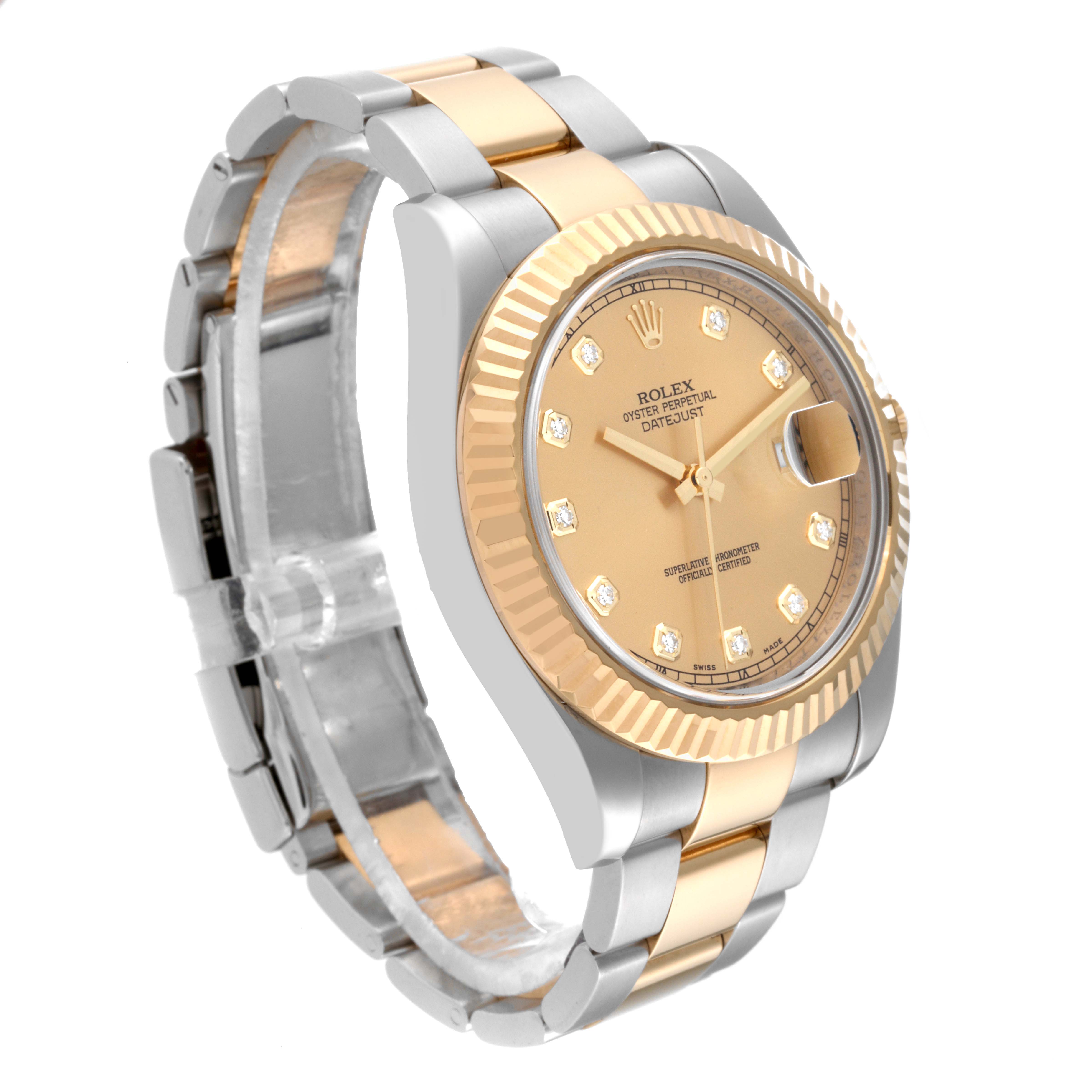 This image shows a Rolex Datejust 41 116333 Men's Steel and Gold (two tone) Champagne Dial 116333 Men's Steel and Gold (two tone) Champagne Dial model watch from an angled side view, displaying its two-tone bracelet, fluted bezel, and dial.