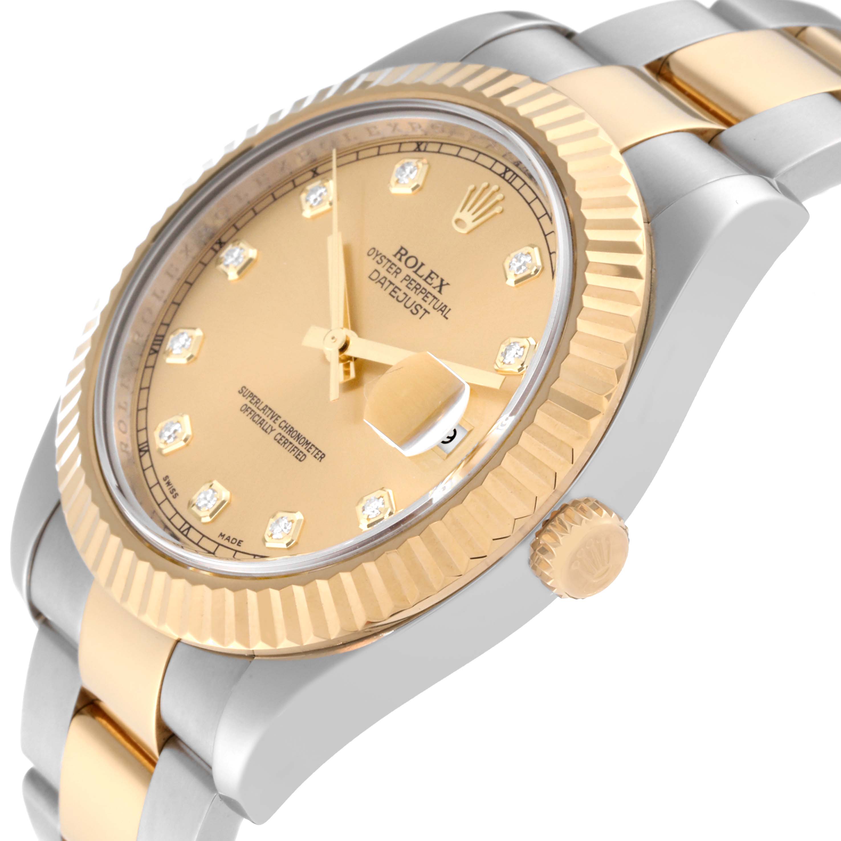 The Rolex Datejust 41 116333 Men's Steel and Gold (two tone) Champagne Dial 116333 Men's Steel and Gold (two tone) Champagne Dial watch is shown from a 3/4 angle, highlighting the dial, bezel, crown, and part of the bracelet.
