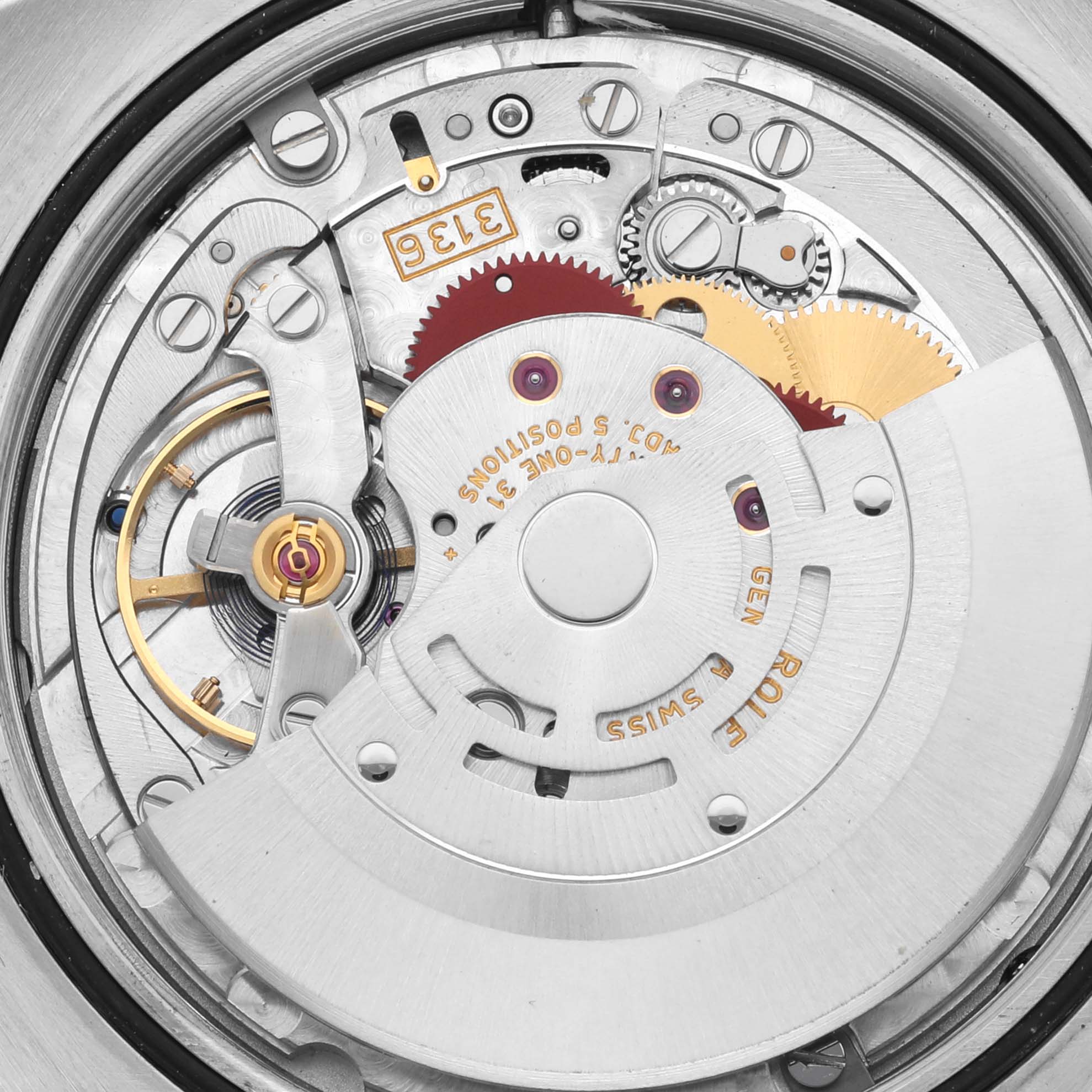 This image shows the internal mechanism of the Rolex Datejust 41 116333 Men's Steel and Gold (two tone) Champagne Dial 116333 Men's Steel and Gold (two tone) Champagne Dial model, highlighting the intricate parts and gears.