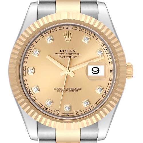 The image shows a close-up of the Rolex Datejust 41 watch face, highlighting the gold dial and diamond hour markers.