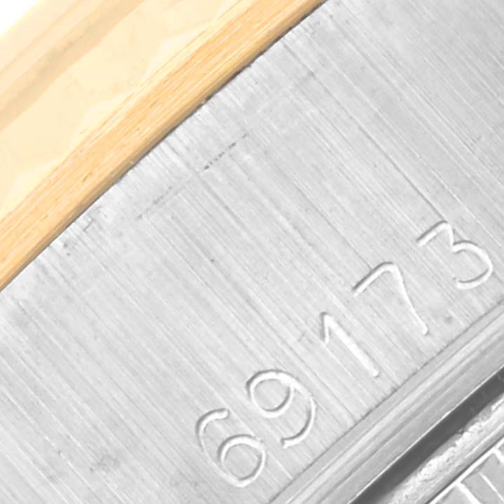 This close-up image shows the reference number "69173" on the stainless steel case of a Rolex Datejust 69173 Women's Steel and Gold (two tone) Champagne Dial 69173 Women's Steel and Gold (two tone) Champagne Dial watch.