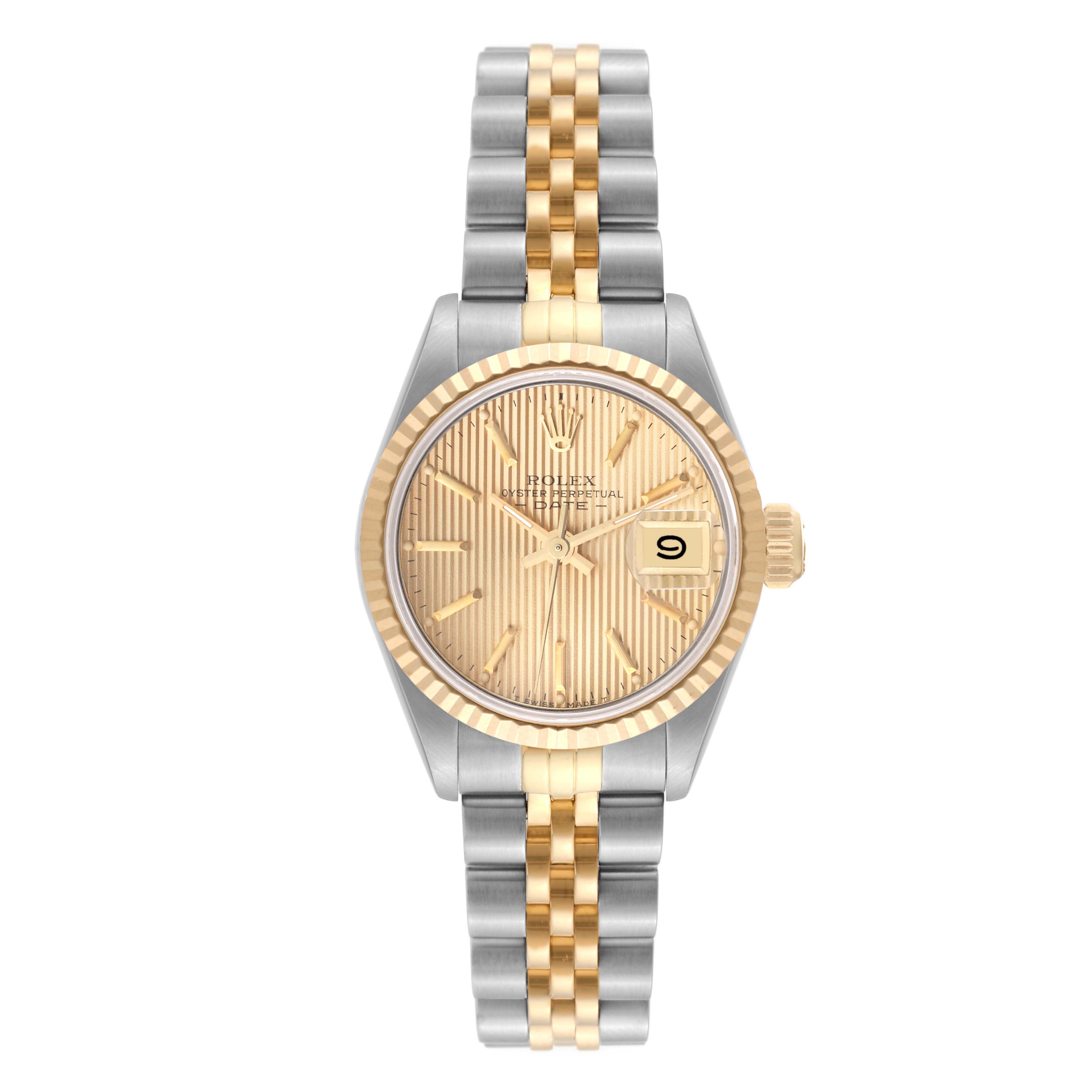 This is a front view of the Rolex Datejust 69173 Women's Steel and Gold (two tone) Champagne Dial 69173 Women's Steel and Gold (two tone) Champagne Dial watch, showing the dial, fluted bezel, crown, and two-tone bracelet.