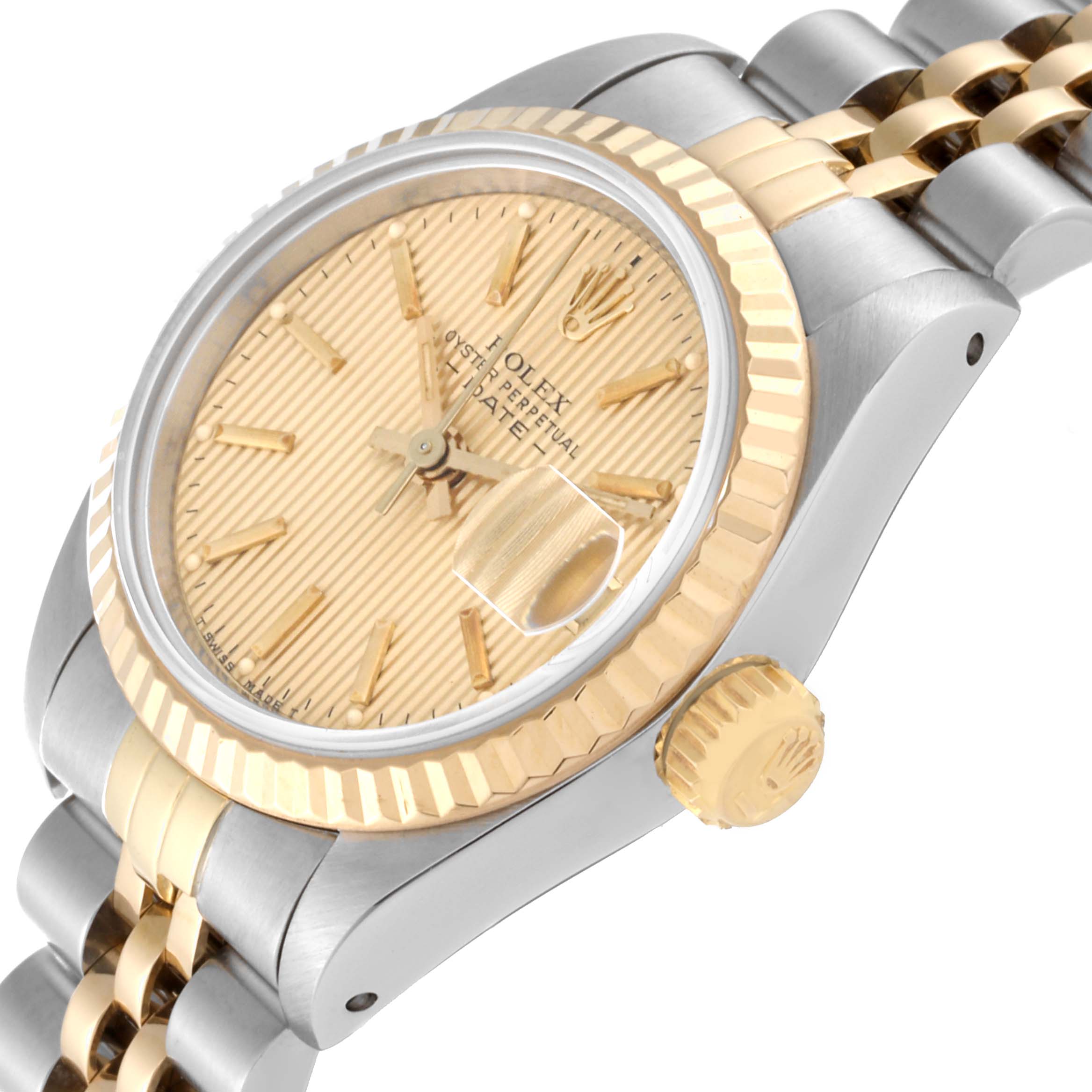 The image shows a close-up angle of the Rolex Datejust 69173 Women's Steel and Gold (two tone) Champagne Dial 69173 Women's Steel and Gold (two tone) Champagne Dial model, highlighting the watch face, crown, and bracelet.
