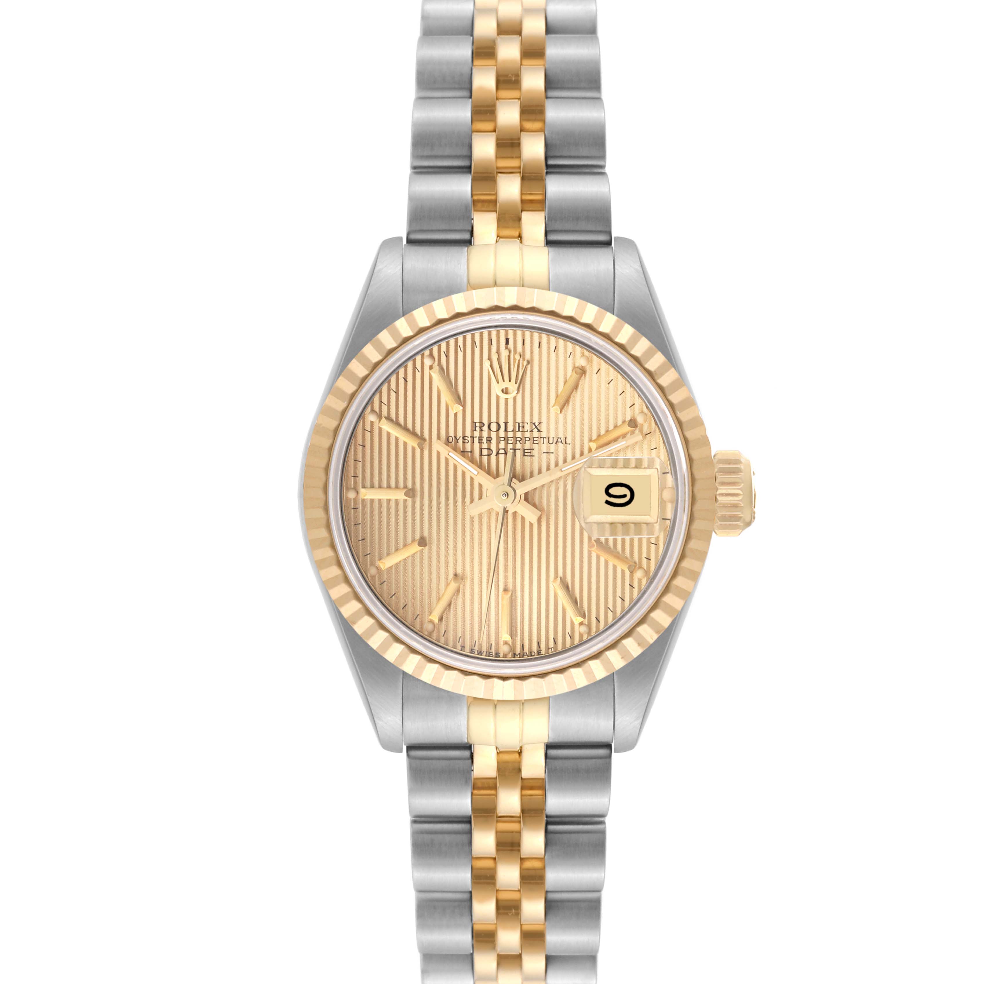 This image shows a Rolex Datejust 69173 Women's Steel and Gold (two tone) Champagne Dial 69173 Women's Steel and Gold (two tone) Champagne Dial watch from a frontal angle, highlighting the gold and silver jubilee bracelet and gold fluted bezel.