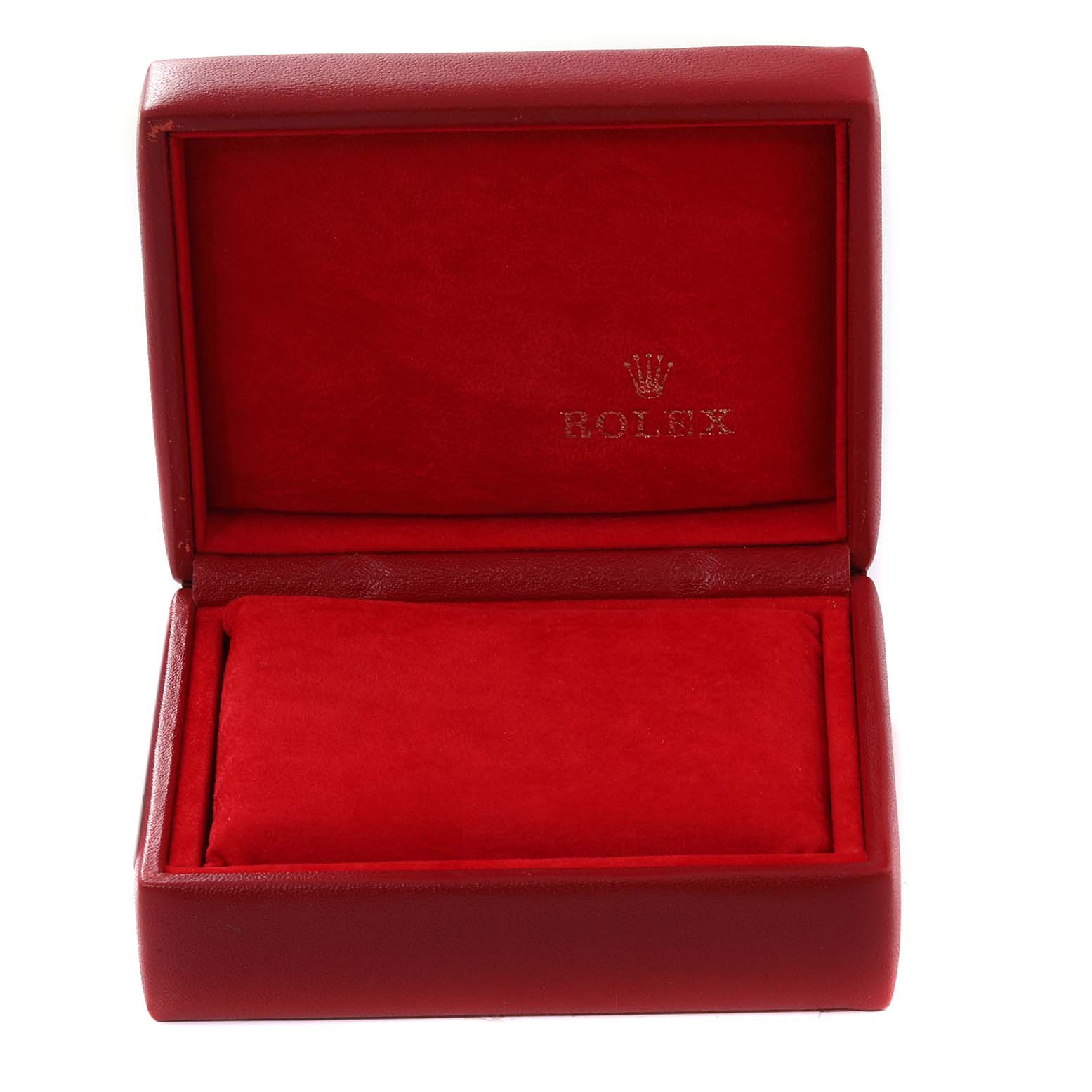 The image shows an open red Rolex Datejust 69173 Women's Steel and Gold (two tone) Champagne Dial 69173 Women's Steel and Gold (two tone) Champagne Dial watch box with a padded interior, designed to hold the watch securely.