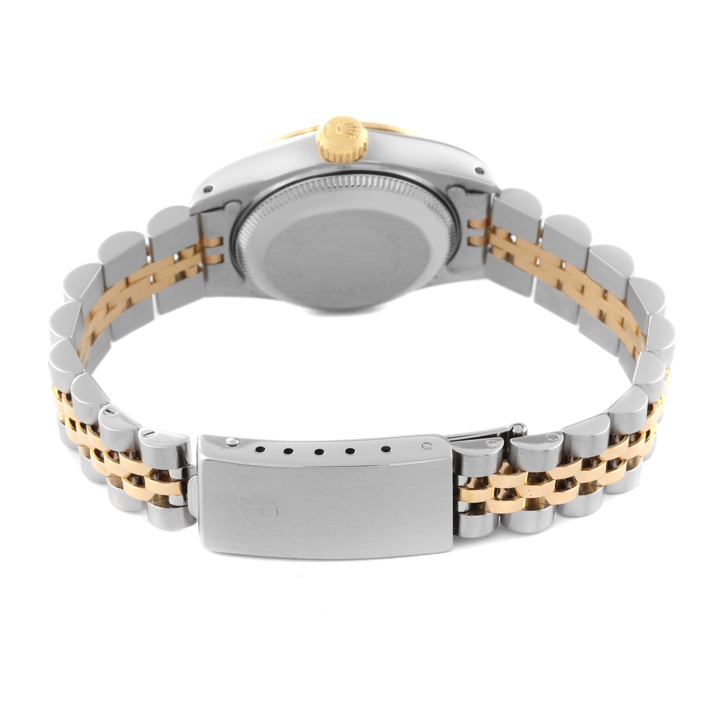 The image shows the back view of a Rolex Datejust 69173 Women's Steel and Gold (two tone) Champagne Dial 69173 Women's Steel and Gold (two tone) Champagne Dial watch, featuring its two-tone bracelet and closed clasp.