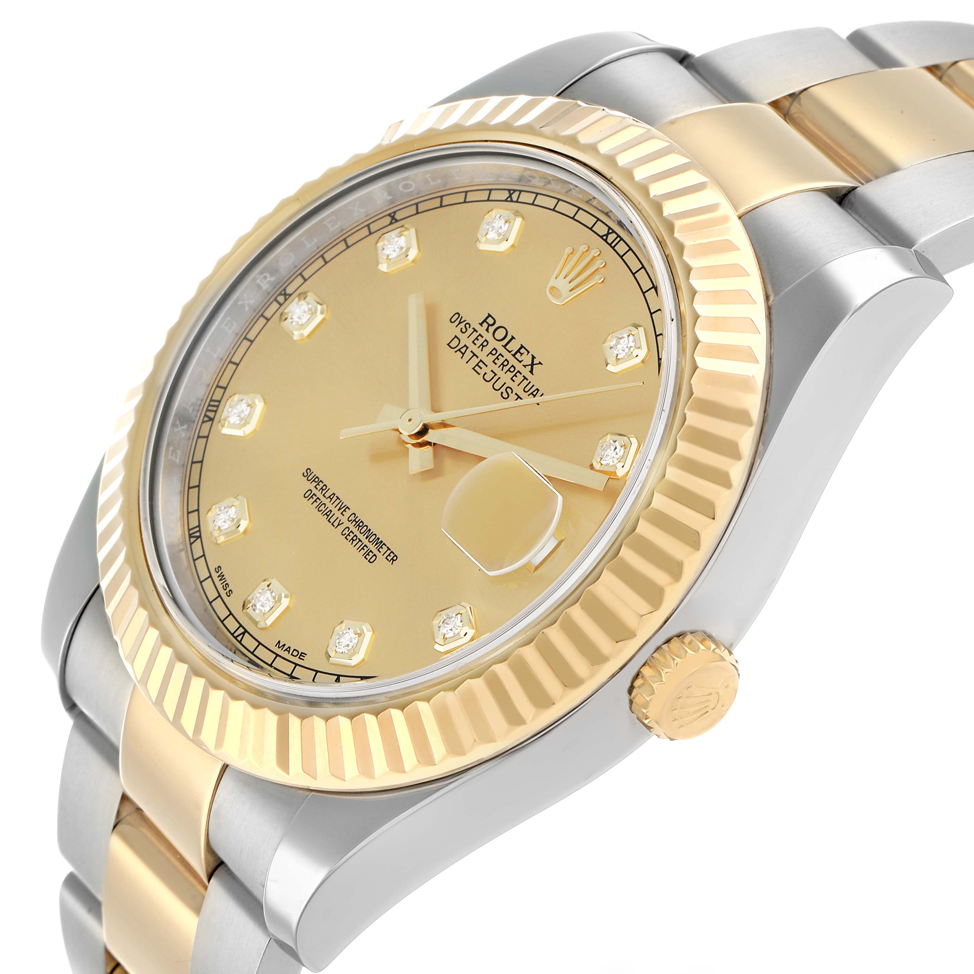 The Rolex Datejust 116333 Men
s Steel and Gold (two tone) Champagne Dial watch is shown at an angled close-up, highlighting the dial, bezel, and part of the bracelet.