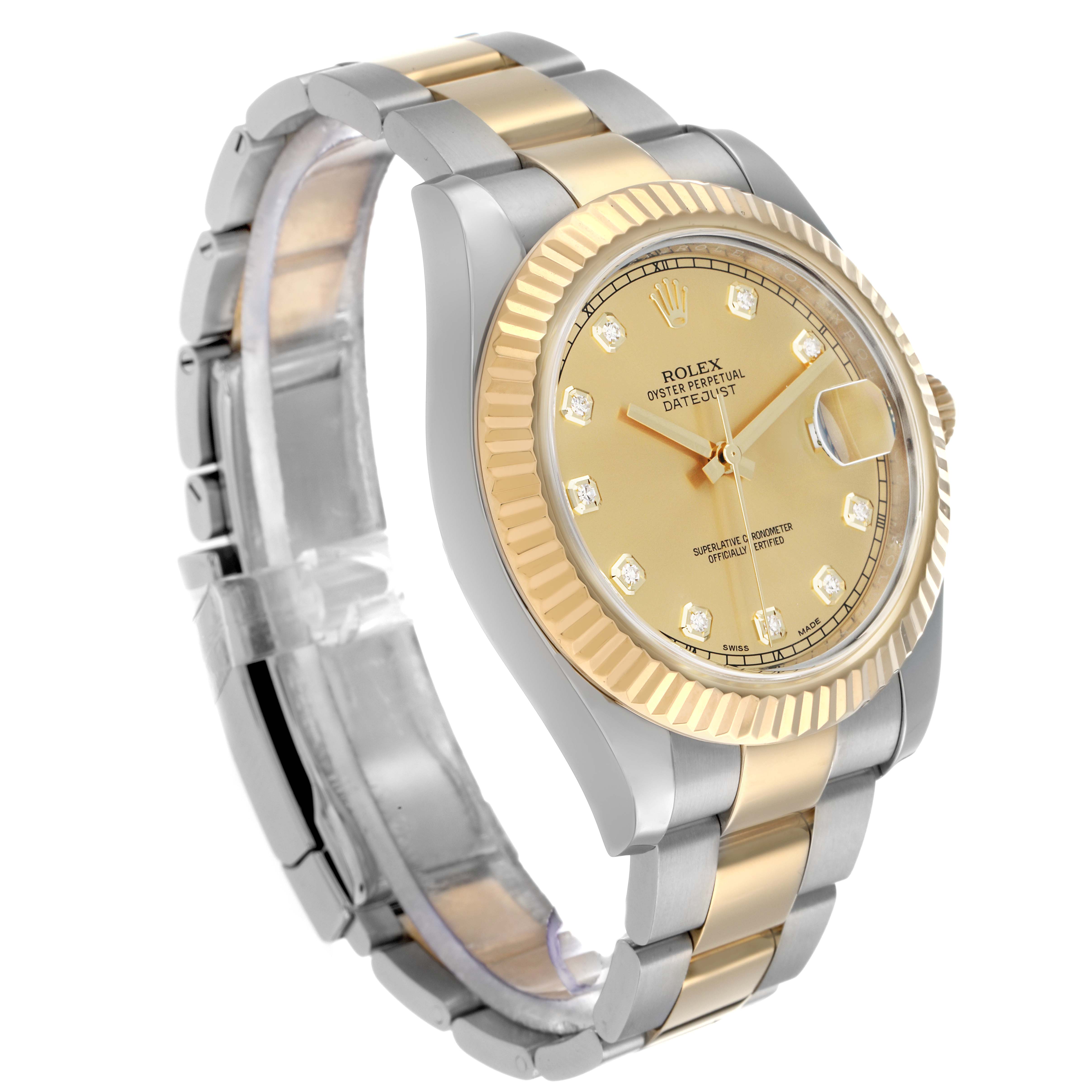 The Rolex Datejust 116333 Men
s Steel and Gold (two tone) Champagne Dial watch is shown at a slight side angle, displaying the dial, fluted bezel, and two-tone bracelet.