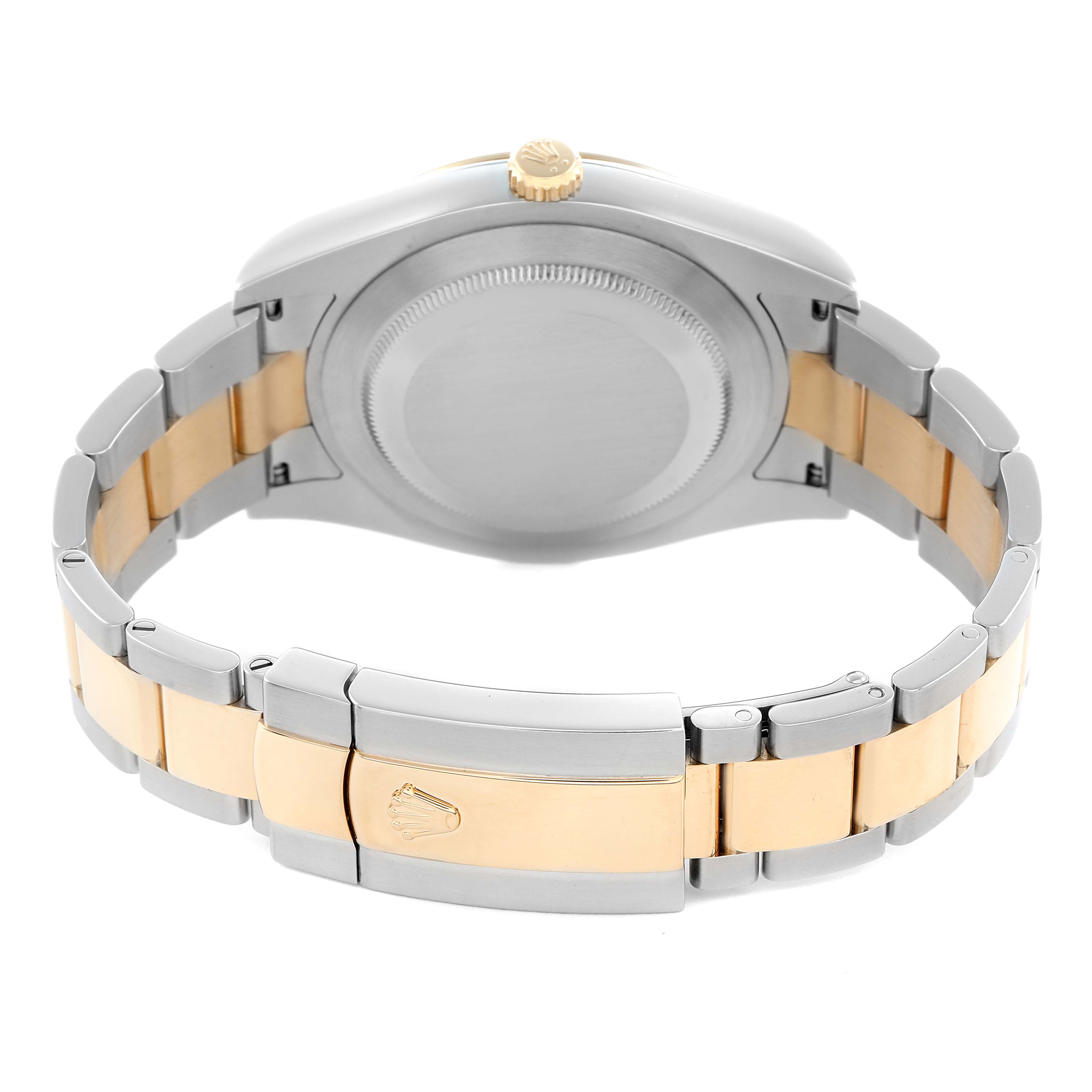 The image shows the back of a Rolex Datejust 116333 Men
s Steel and Gold (two tone) Champagne Dial watch, highlighting the case back, bracelet, and clasp from a rear angle.