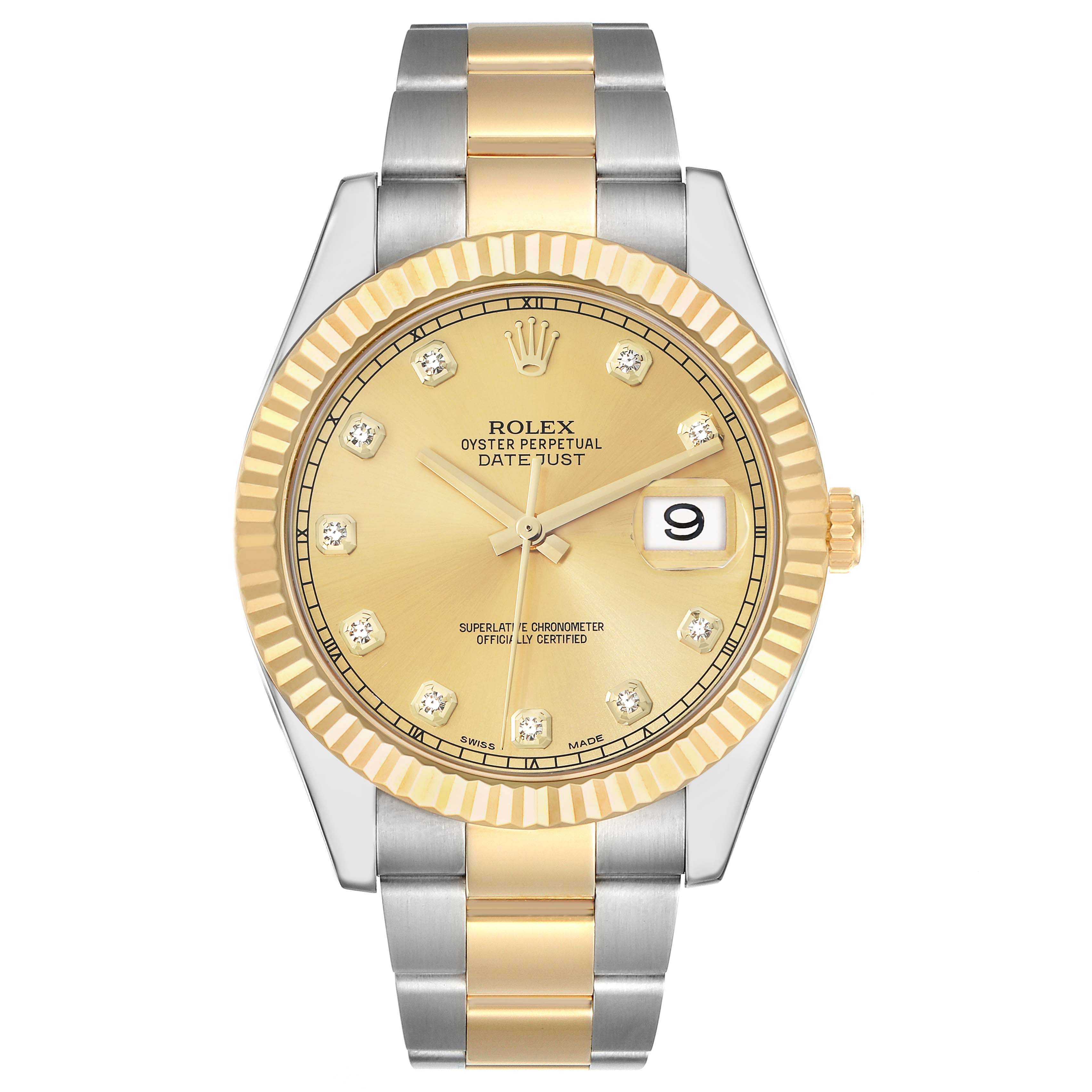 The Rolex Datejust 116333 Men
s Steel and Gold (two tone) Champagne Dial watch is shown from the front, displaying the dial, bezel, bracelet, and date window.