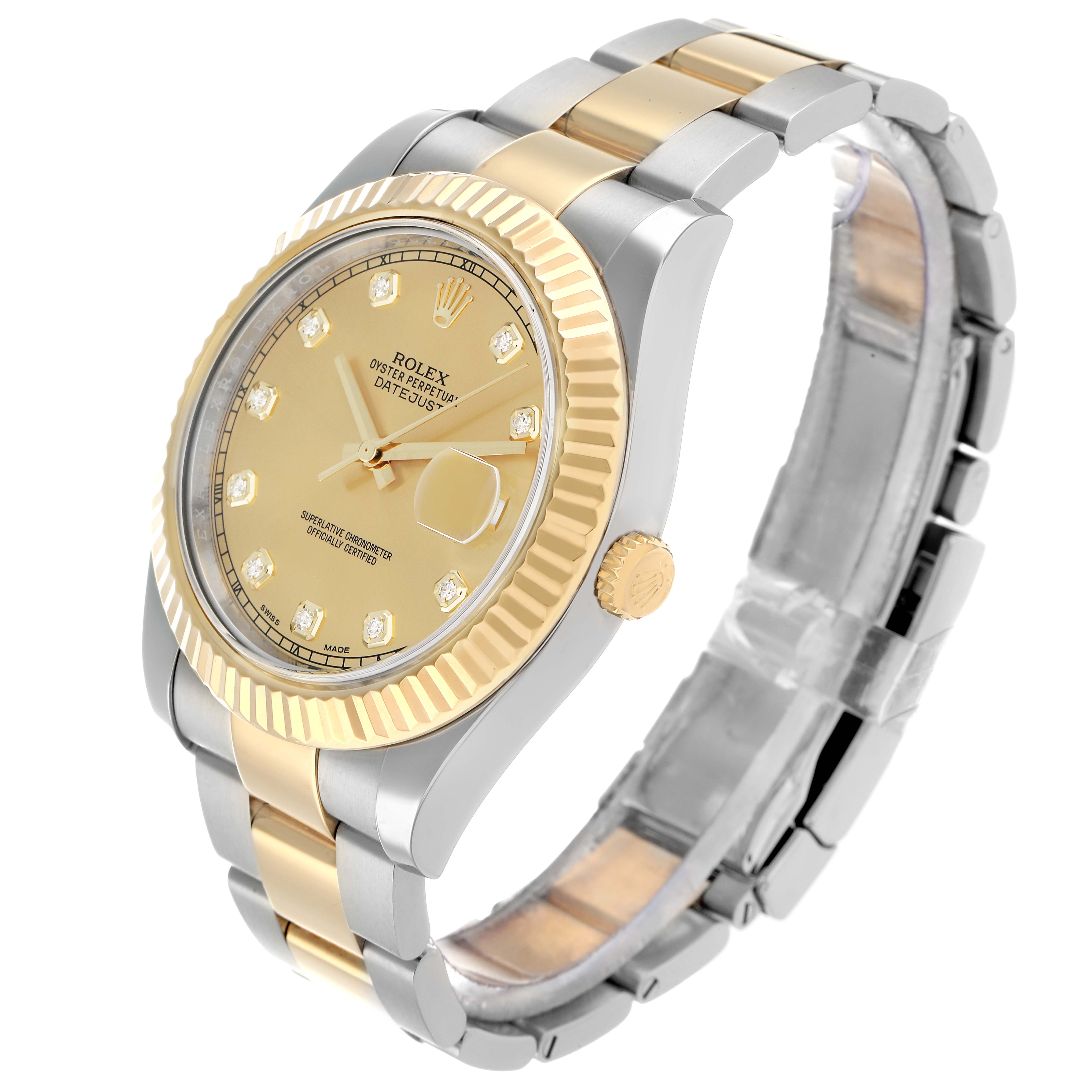 The Rolex Datejust 116333 Men
s Steel and Gold (two tone) Champagne Dial watch is shown at a slight angle, displaying the face, bezel, crown, and part of the bracelet.