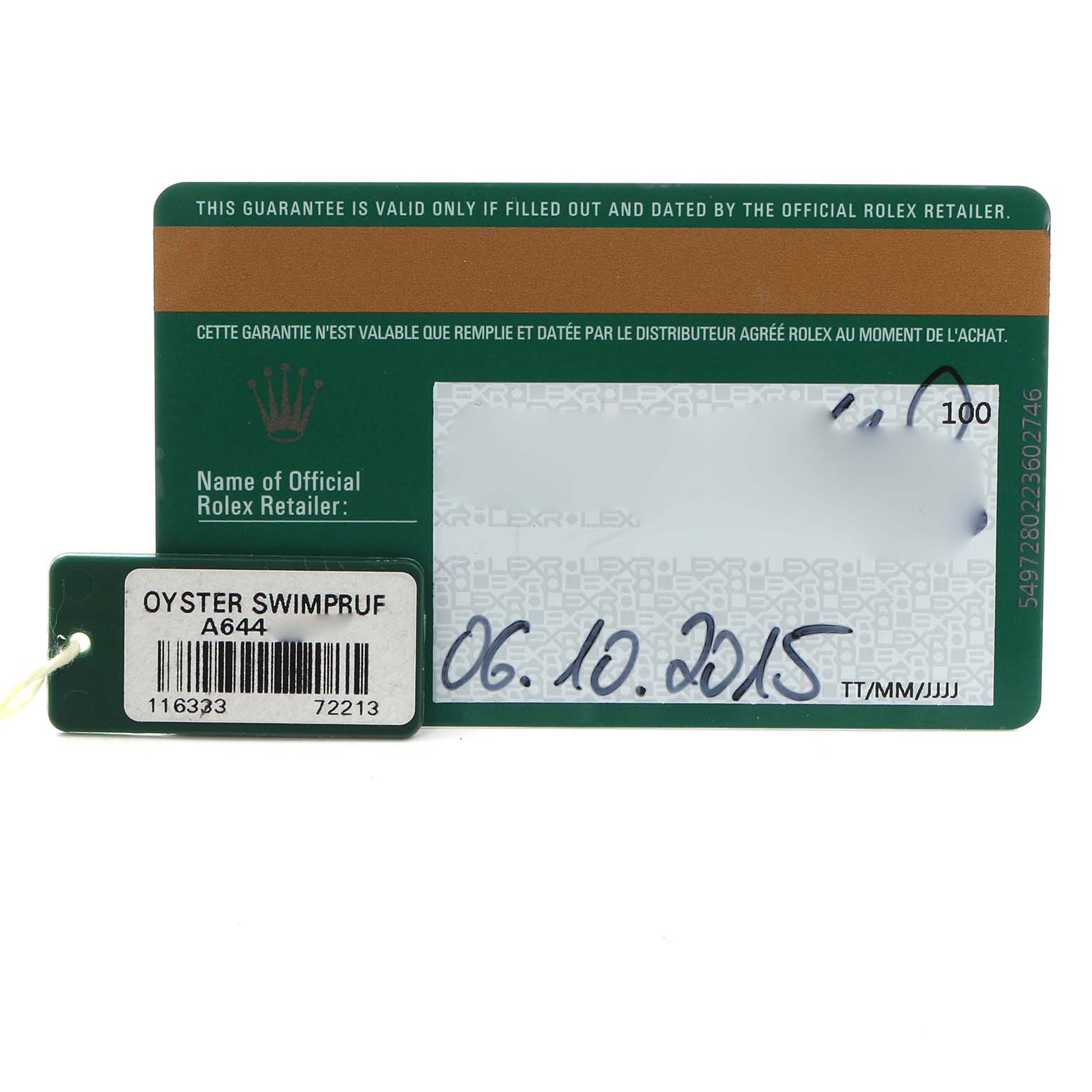 The image shows a close-up of a Rolex warranty card and tag for a Datejust model, including details like a barcode and date.