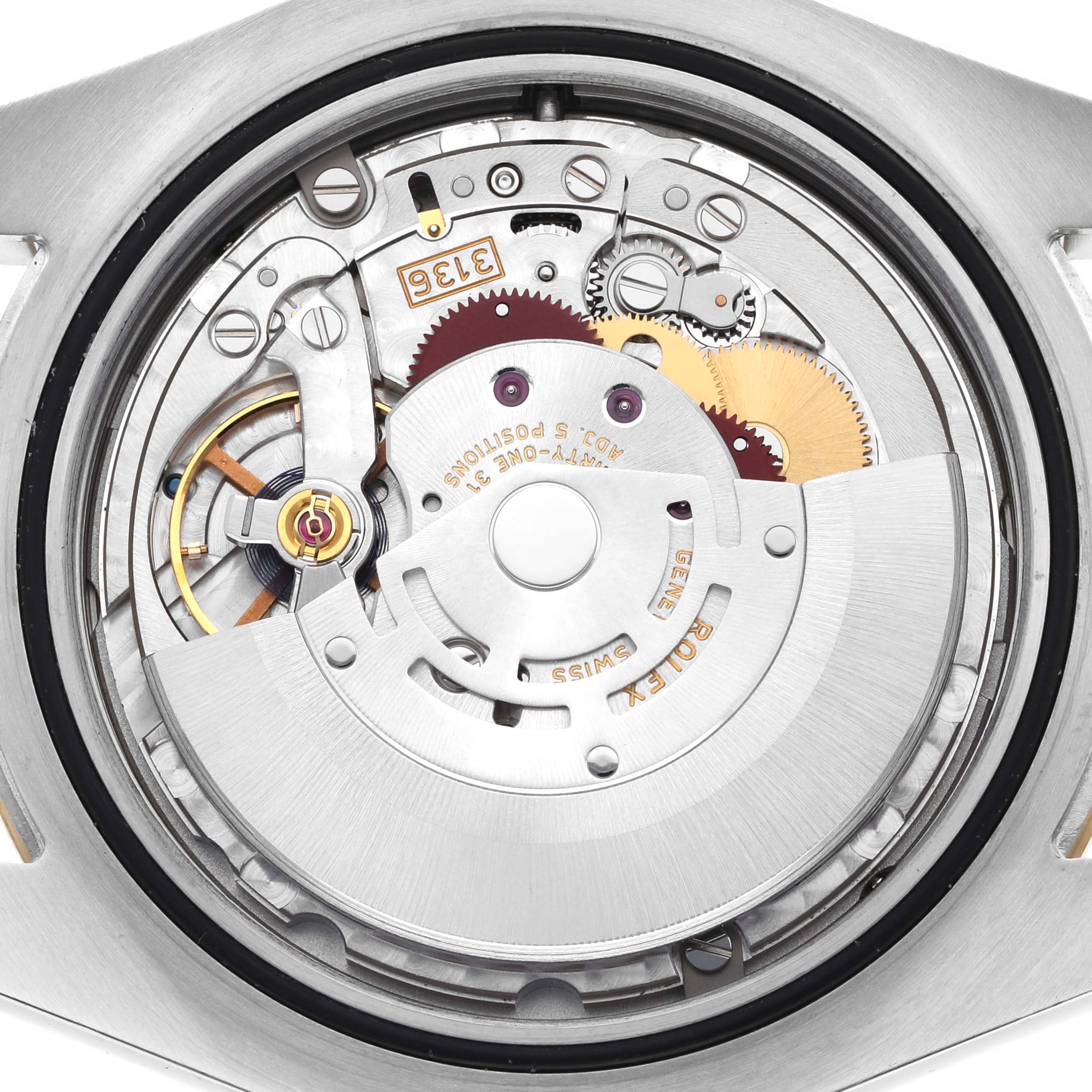 The image shows the back view of a Rolex Datejust 116333 Men
s Steel and Gold (two tone) Champagne Dial watch, highlighting its internal movement and gears.