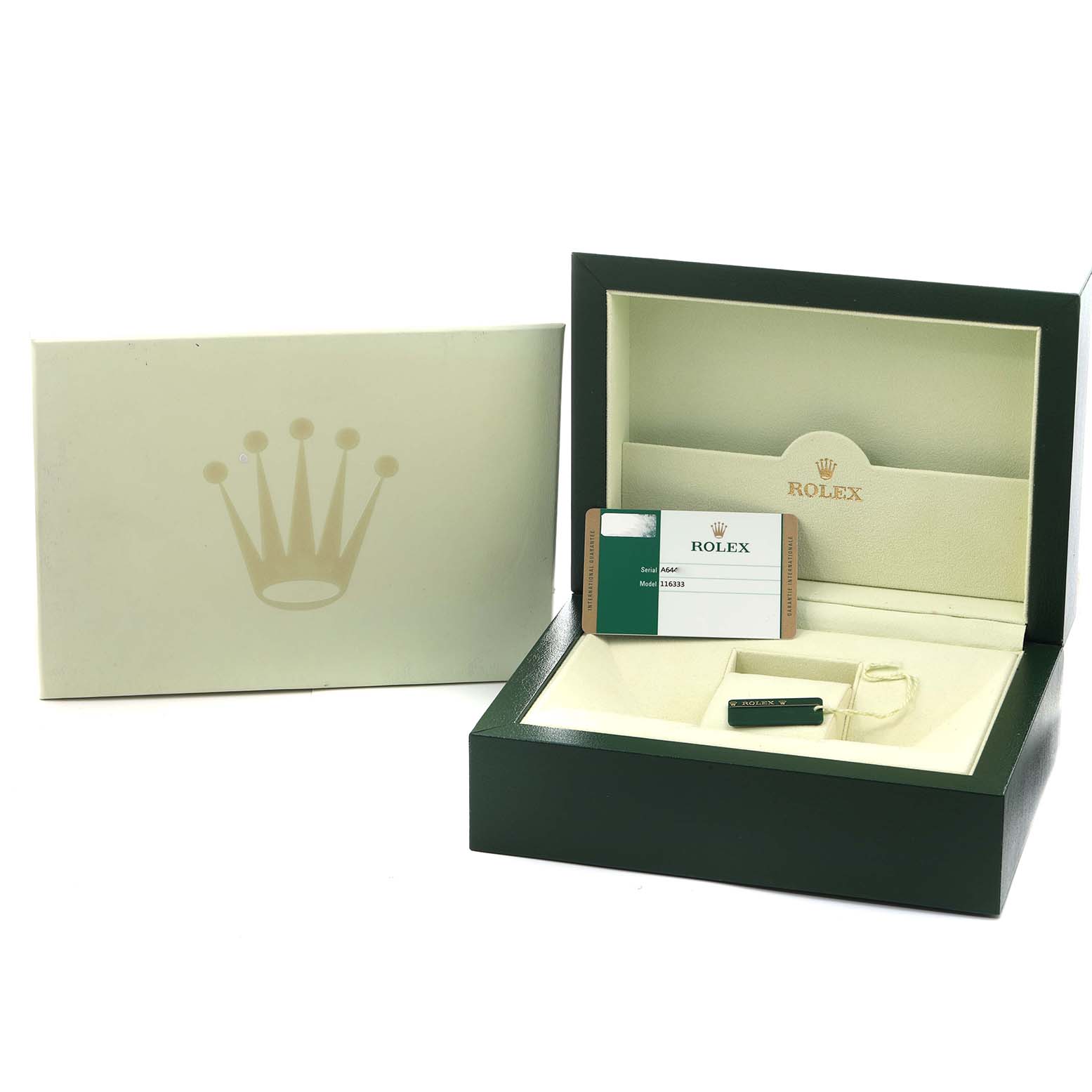 The image shows a Rolex Datejust 116333 Men
s Steel and Gold (two tone) Champagne Dial packaging with the box open, displaying cards and tags, but the watch is not visible.