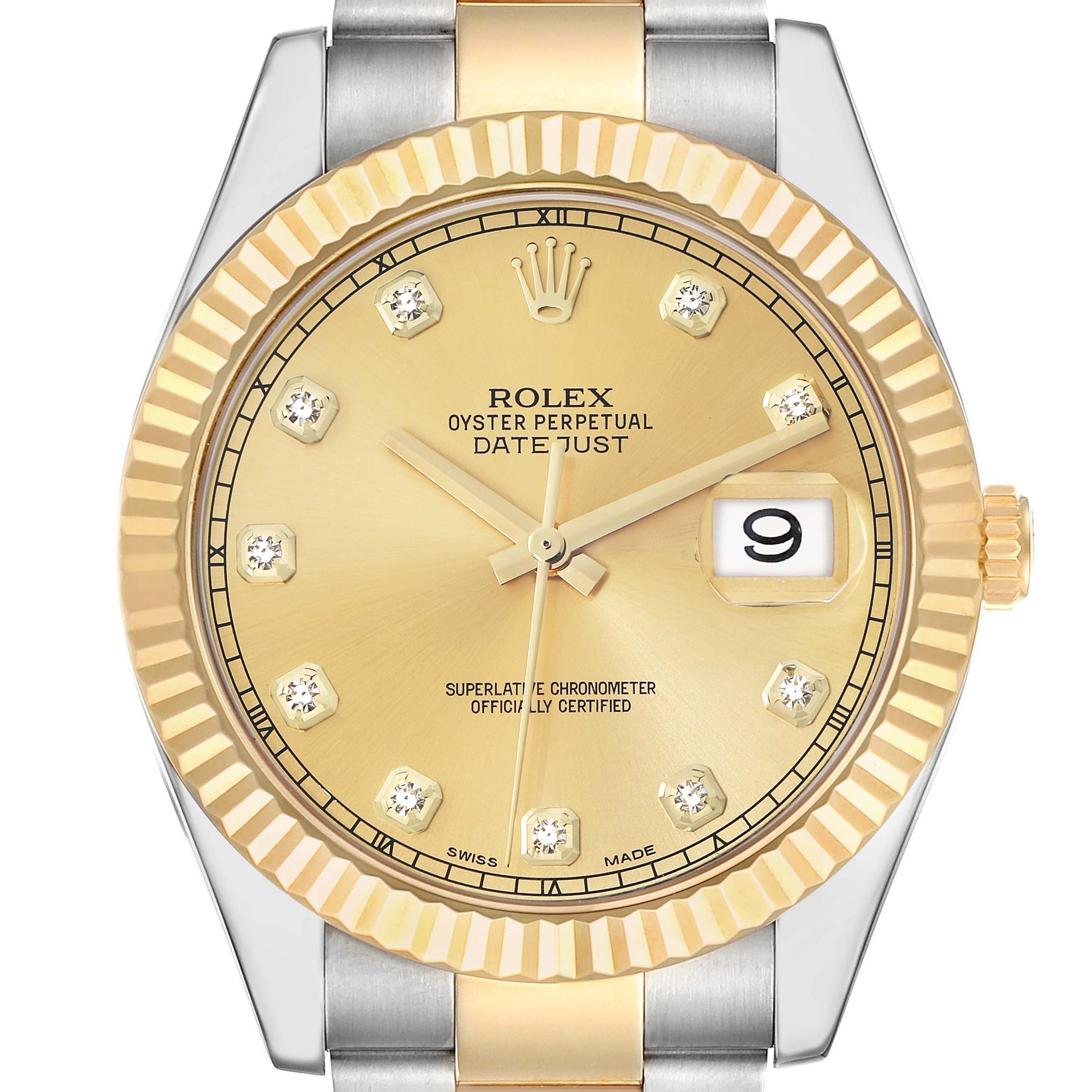 This image shows a frontal view of the Rolex Datejust 116333 Men
s Steel and Gold (two tone) Champagne Dial, highlighting its gold dial, diamond hour markers, and cyclops date window.