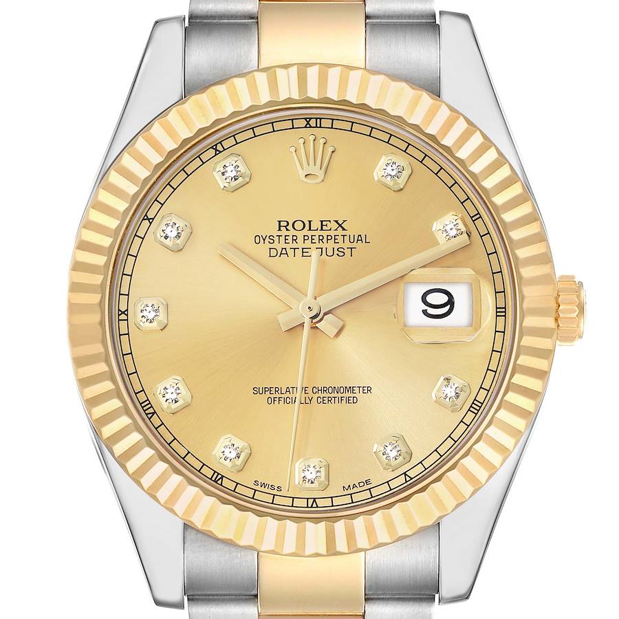 This image shows a frontal view of the Rolex Datejust 116333 Men's Steel and Gold (two tone) Champagne Dial, highlighting its gold dial, diamond hour markers, and cyclops date window.