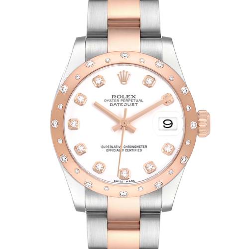 The Rolex Datejust 178341 Women's Steel and Gold (two tone) White Dial watch is shown from a front view, highlighting the face, bezel, crown, and part of the bracelet.
