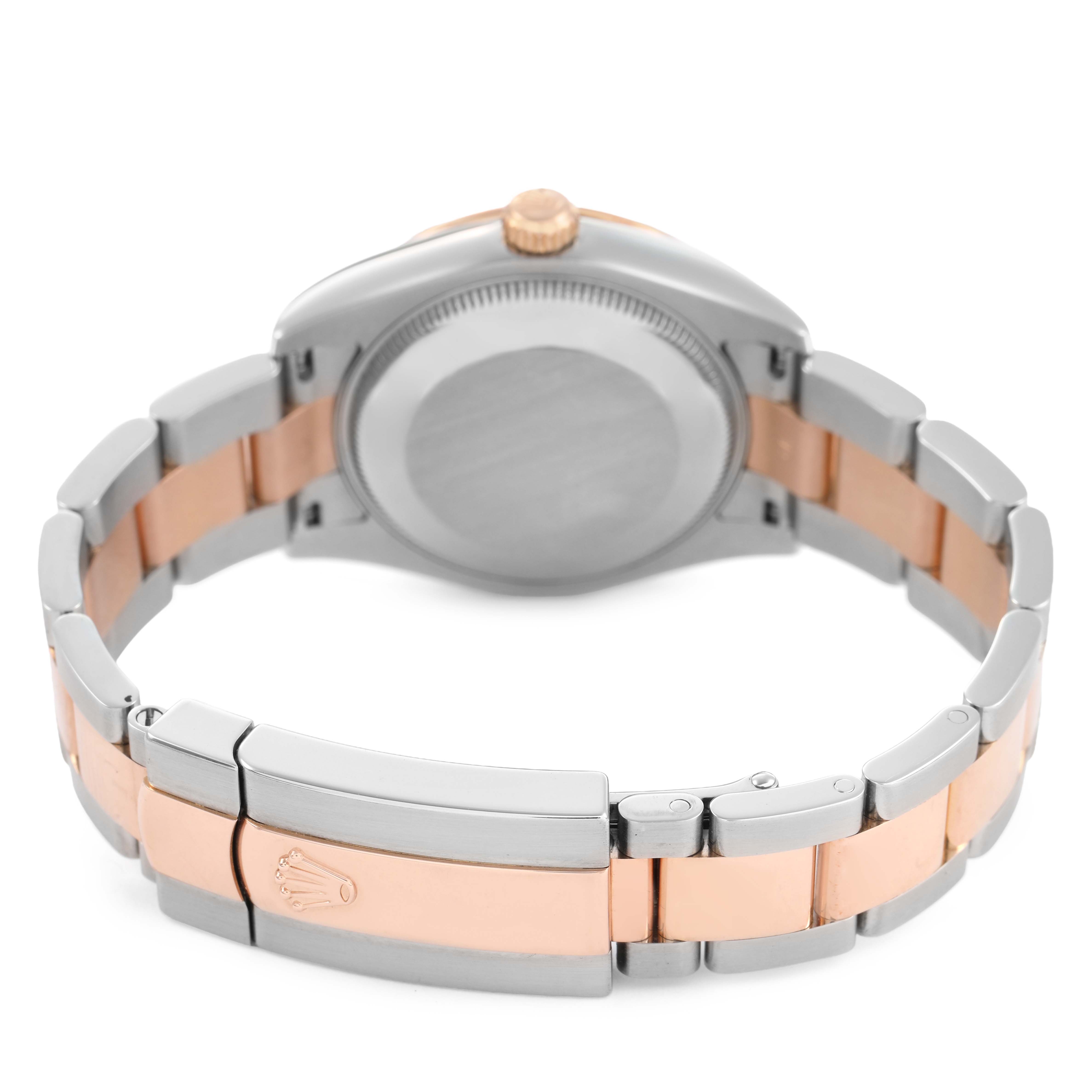 The image shows the back view of the Rolex Datejust 178341 Women's Steel and Gold (two tone) White Dial, highlighting the clasp, bracelet, and case back in a two-tone design.