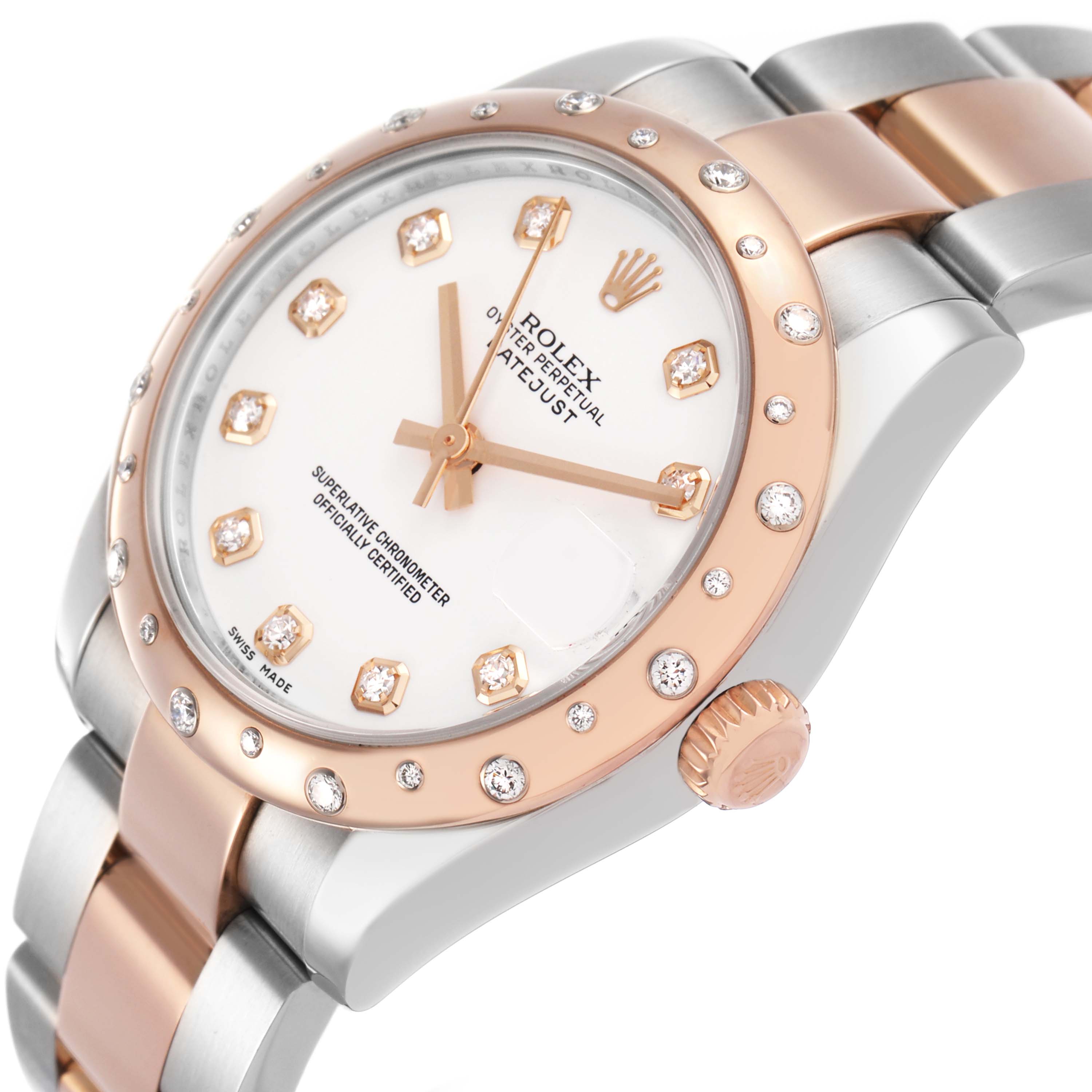 The Rolex Datejust 178341 Women's Steel and Gold (two tone) White Dial watch is shown at an angled side view, showcasing its rose gold bezel, crown, and diamond markers on the dial.
