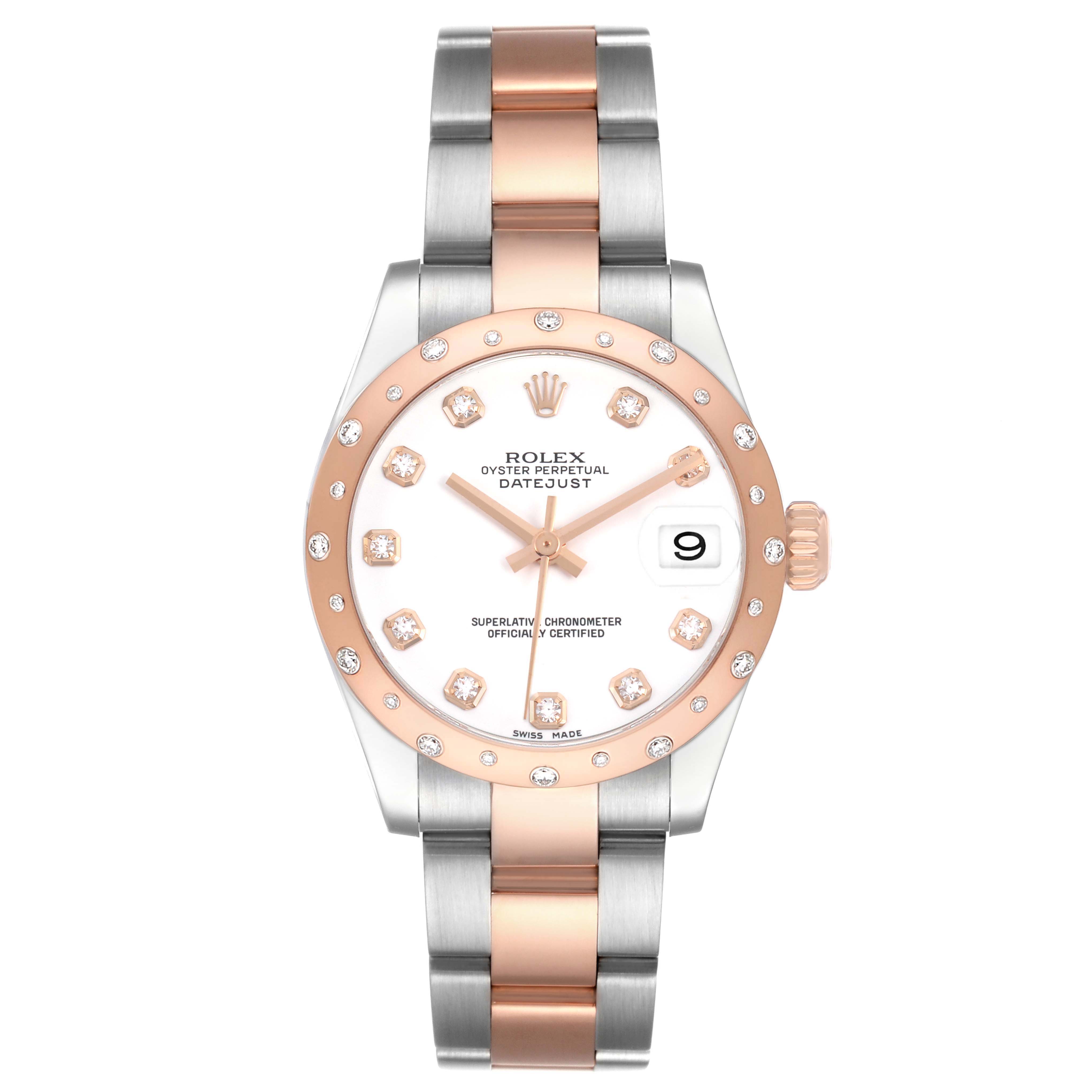 The Rolex Datejust 178341 Women's Steel and Gold (two tone) White Dial watch is displayed from the front, showing the face, bezel, crown, and bracelet with rose and silver tones.