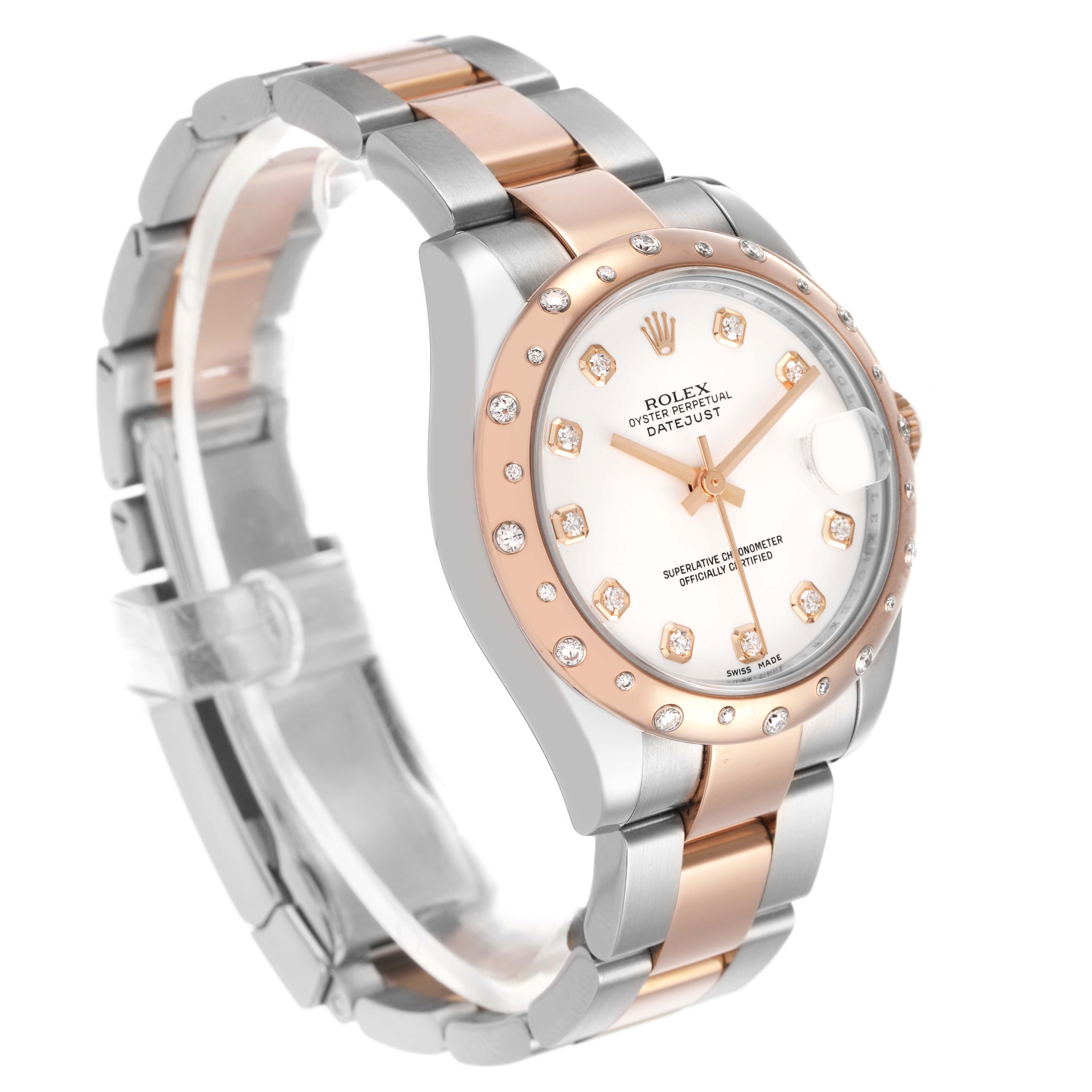 The Rolex Datejust 178341 Women's Steel and Gold (two tone) White Dial watch is shown at a three-quarter angle, displaying its face, bezel, and bracelet.