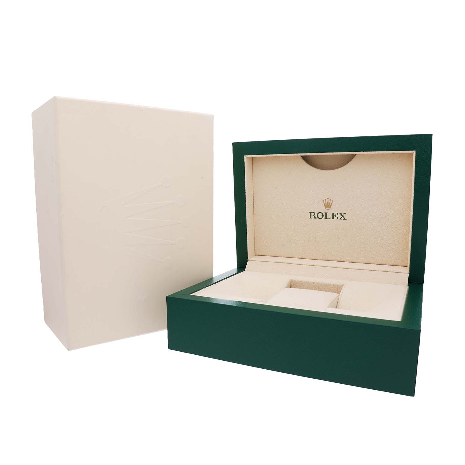 The image shows a Rolex Datejust 178341 Women's Steel and Gold (two tone) White Dial watch box at an angle, featuring the green outer box and beige interior with the Rolex logo.