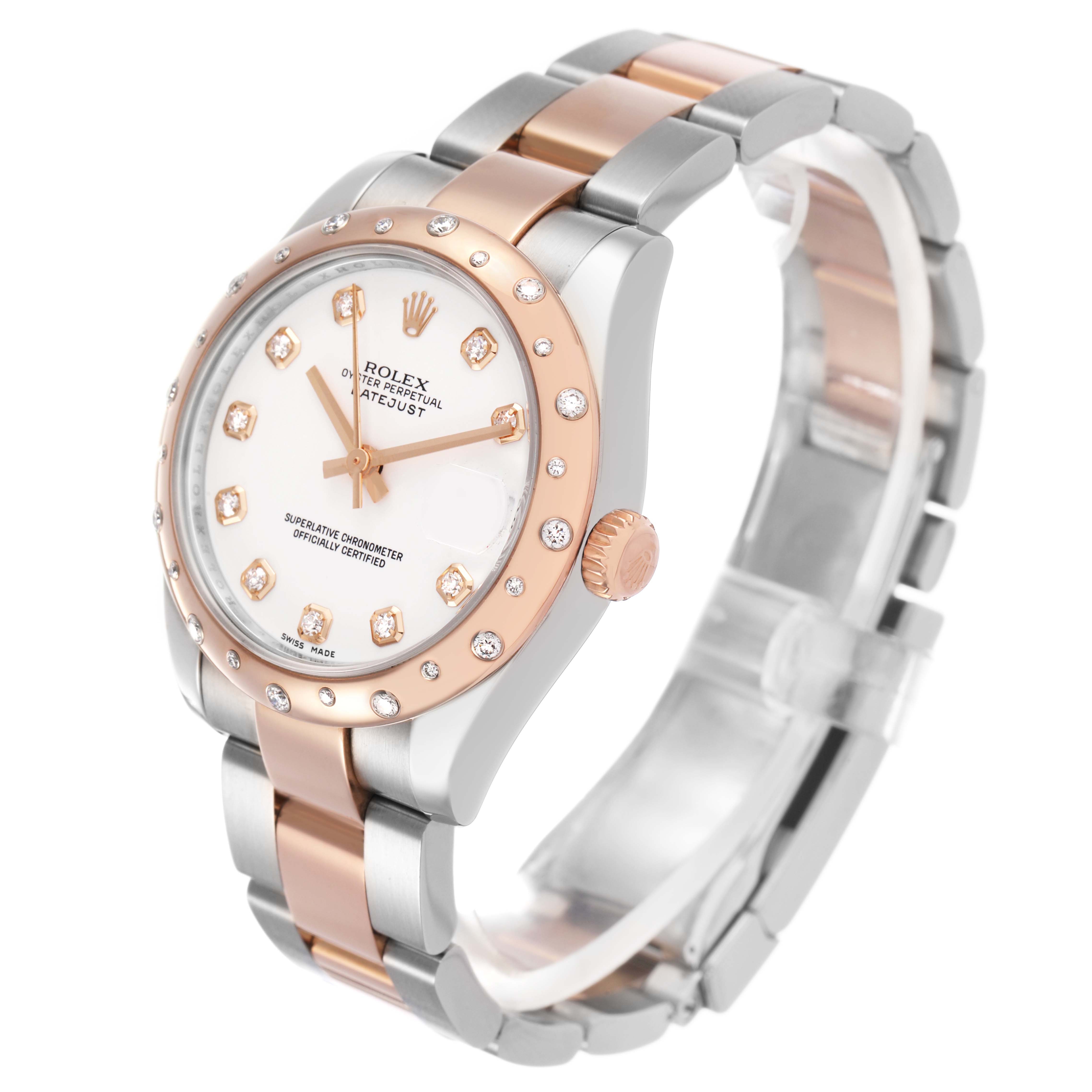 The Rolex Datejust 178341 Women's Steel and Gold (two tone) White Dial watch is shown at a three-quarter angle displaying the face, bezel, and partial bracelet.