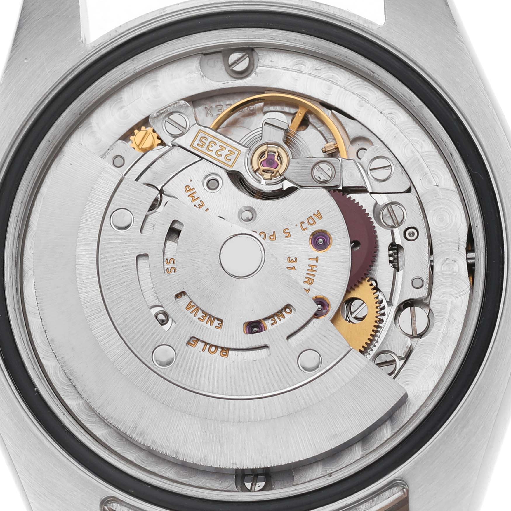 The image shows the movement and internal mechanics of a Rolex Datejust 178341 Women's Steel and Gold (two tone) White Dial watch from the back.