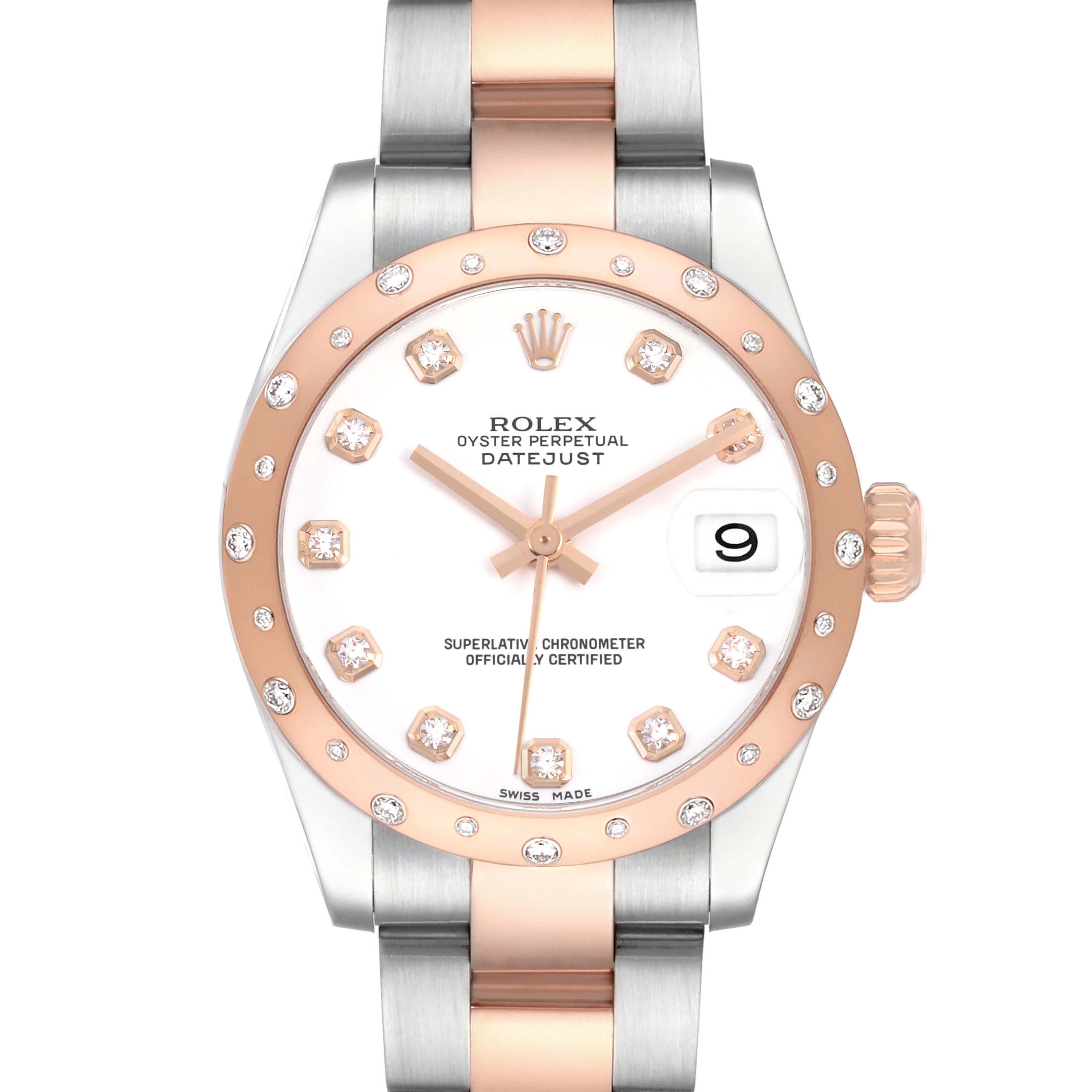 The Rolex Datejust 178341 Women's Steel and Gold (two tone) White Dial watch is shown from the front, highlighting its bezel, dial, and bracelet.
