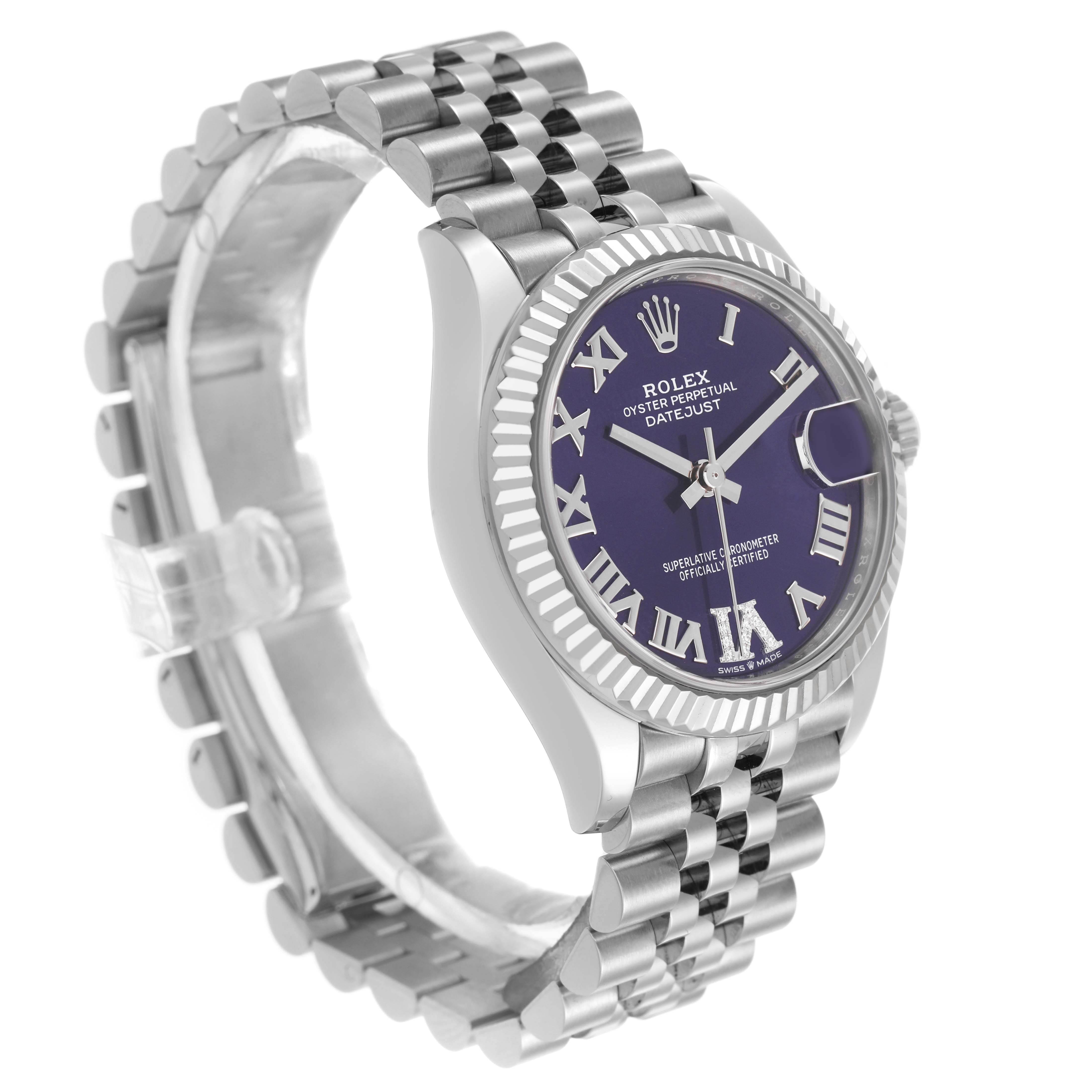 The Rolex Datejust 278274 Women's Stainless Steel Purple Dial watch is angled to show the dial, bezel, and part of the bracelet.