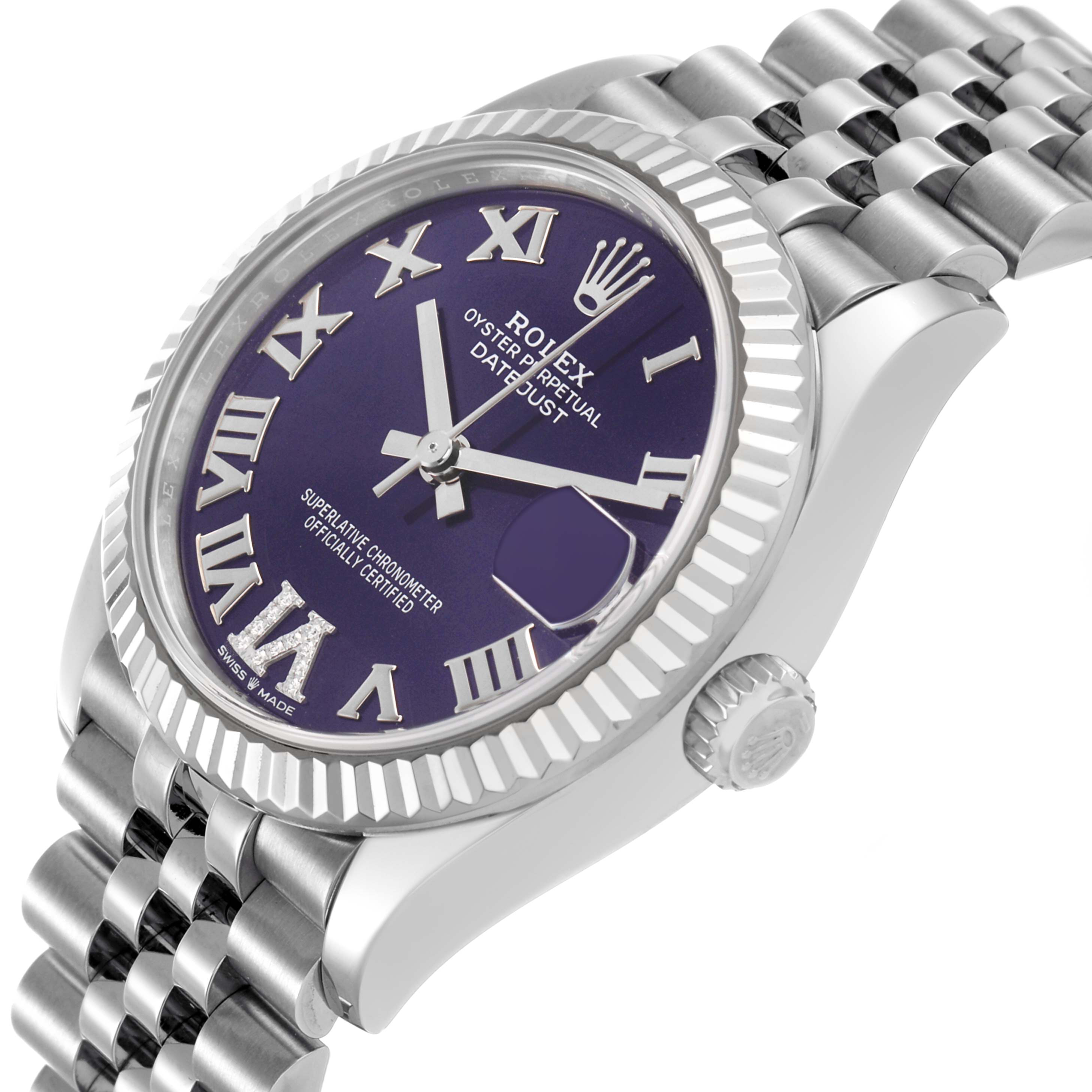 The Rolex Datejust 278274 Women's Stainless Steel Purple Dial watch is shown at an angle highlighting the bezel, crown, and part of the bracelet.