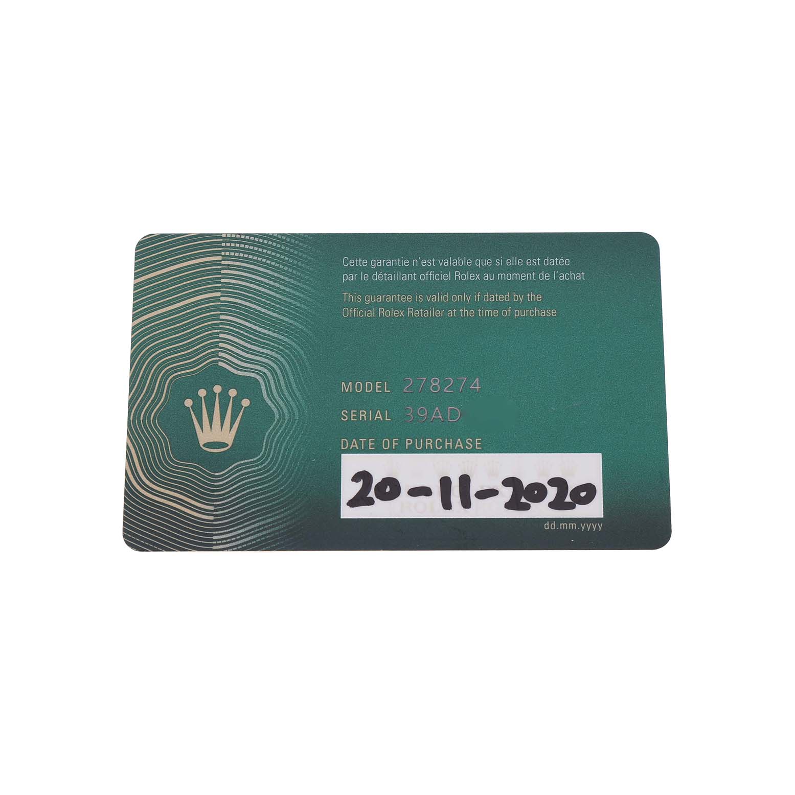 The image shows a guarantee card for a Rolex Datejust 278274 Women's Stainless Steel Purple Dial watch model with purchase details and serial number visible.