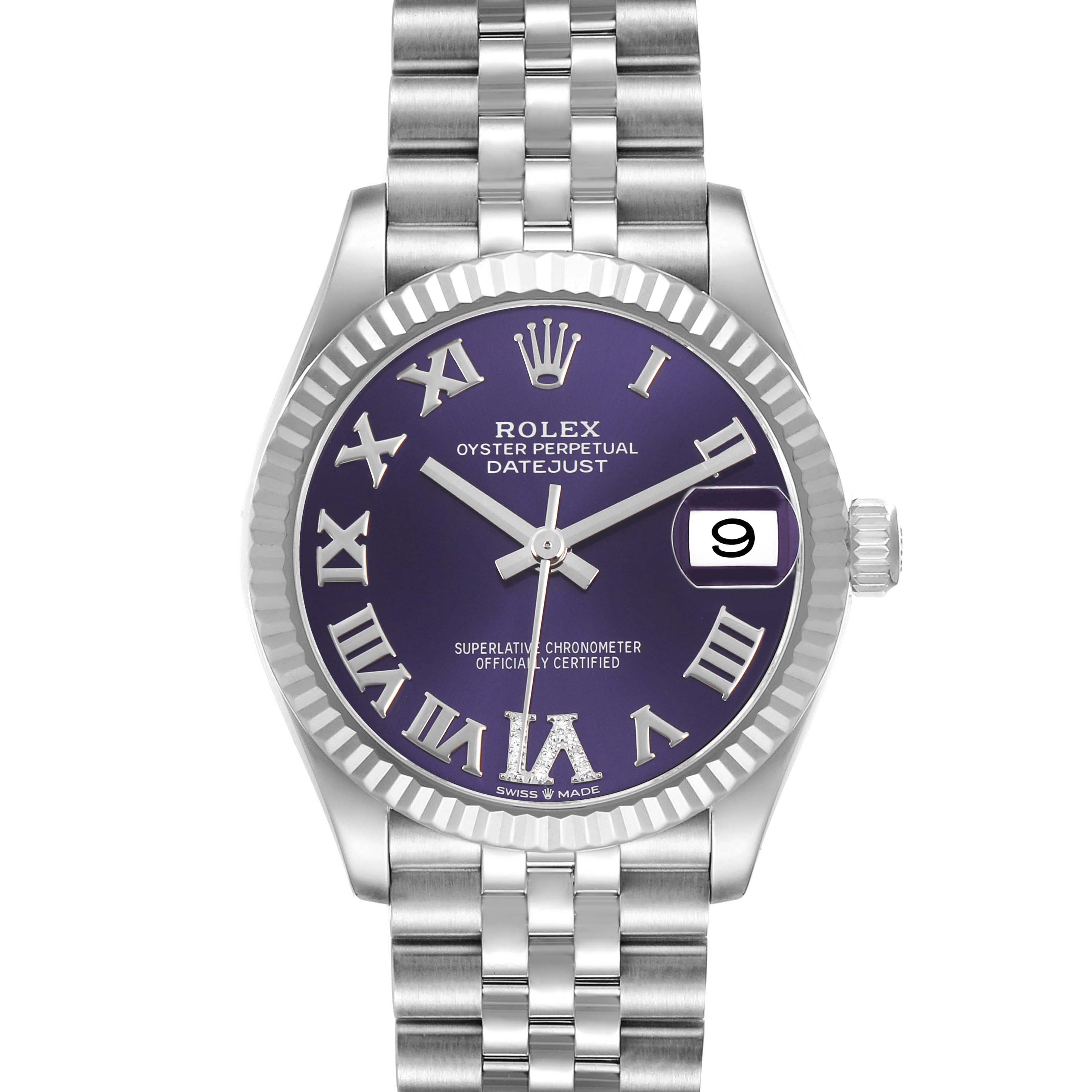 The Rolex Datejust 278274 Women's Stainless Steel Purple Dial watch is shown from the front, displaying the dial, bezel, crown, and part of the bracelet.