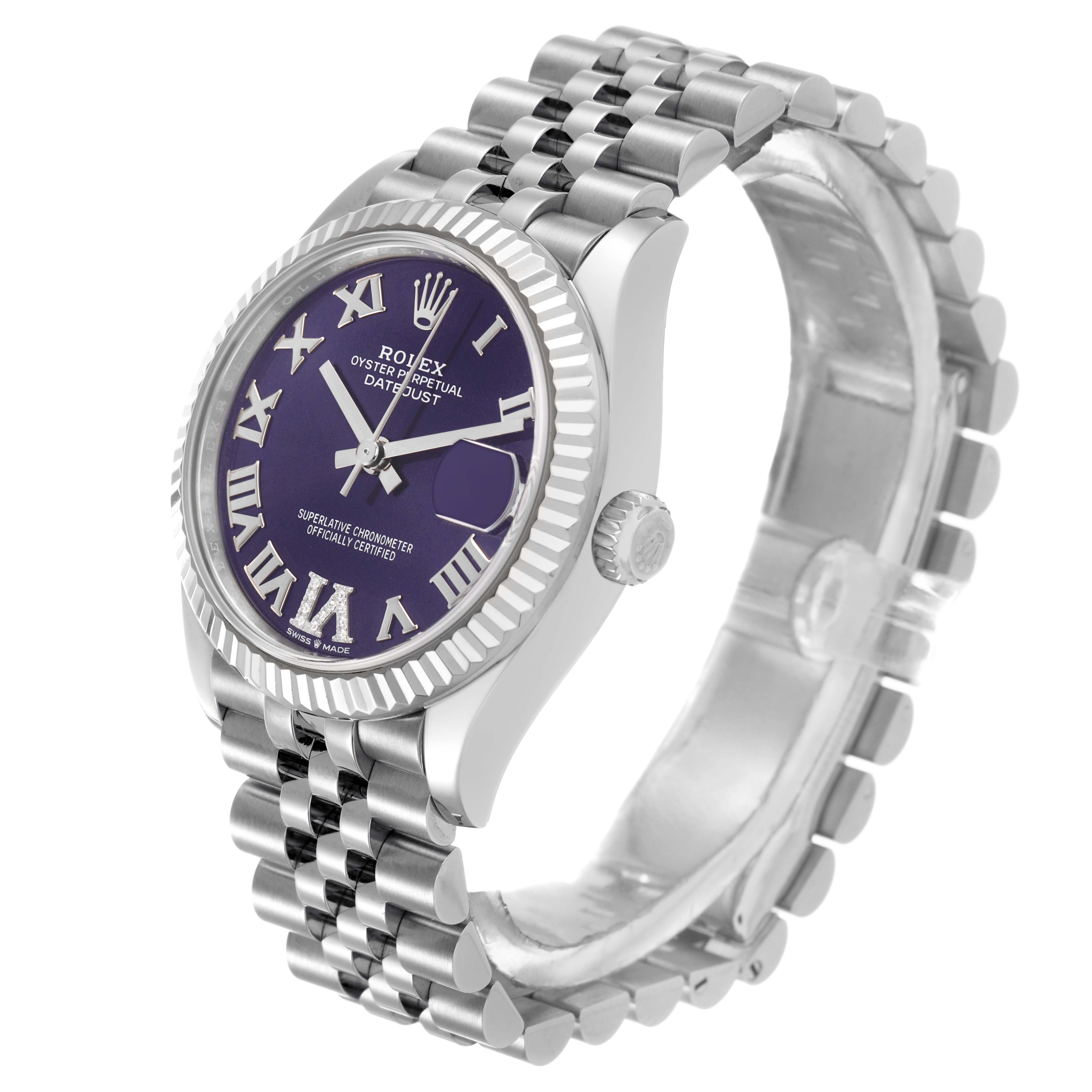 The Rolex Datejust 278274 Women's Stainless Steel Purple Dial watch is shown at a three-quarter angle, displaying the face, bezel, crown, and bracelet.