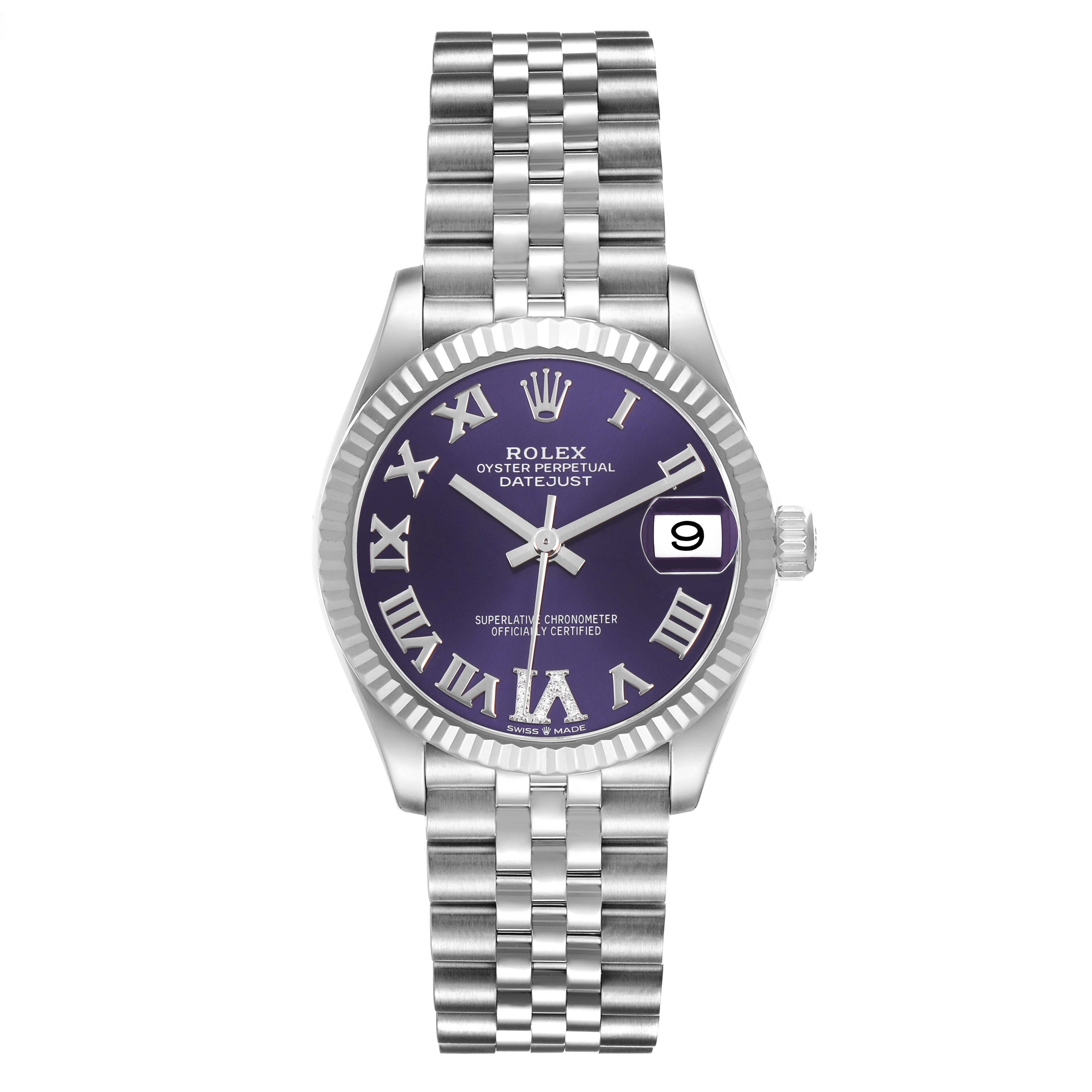The Rolex Datejust 278274 Women's Stainless Steel Purple Dial watch is shown from a front angle, displaying its purple dial, Roman numerals, fluted bezel, and Jubilee bracelet.