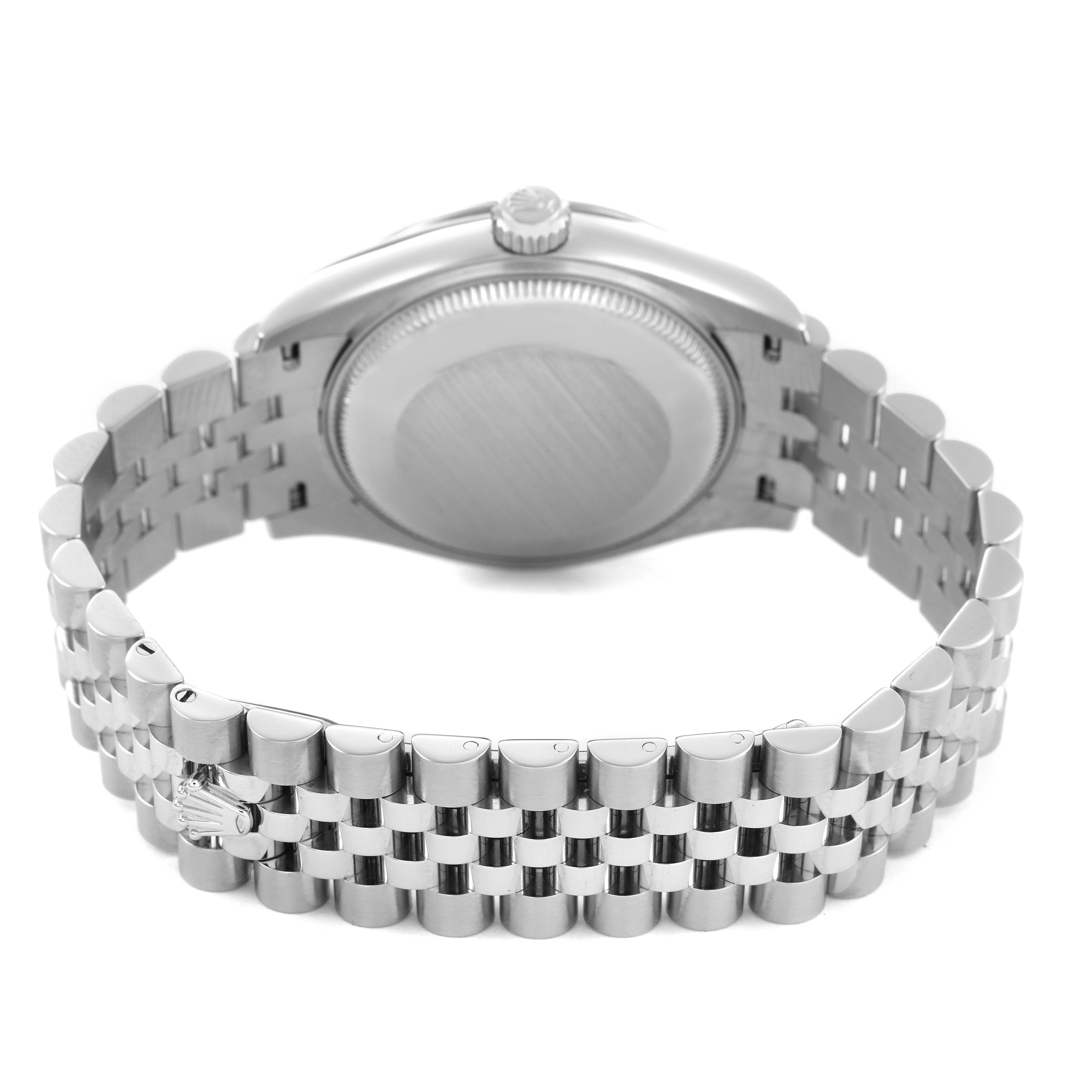 The image shows the back view of a Rolex Datejust 278274 Women's Stainless Steel Purple Dial watch, highlighting the case back, bracelet, and crown.