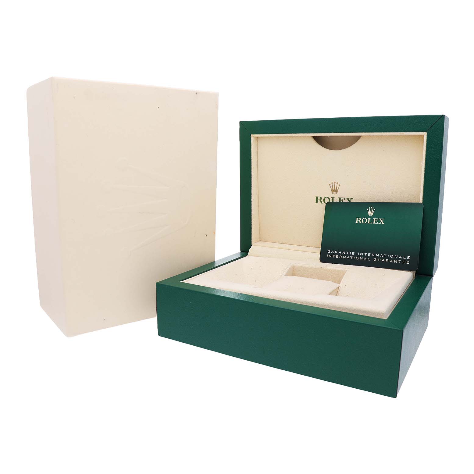 The image shows the opened packaging for a Rolex Datejust 278274 Women's Stainless Steel Purple Dial, including the inner and outer boxes, and an international guarantee card.