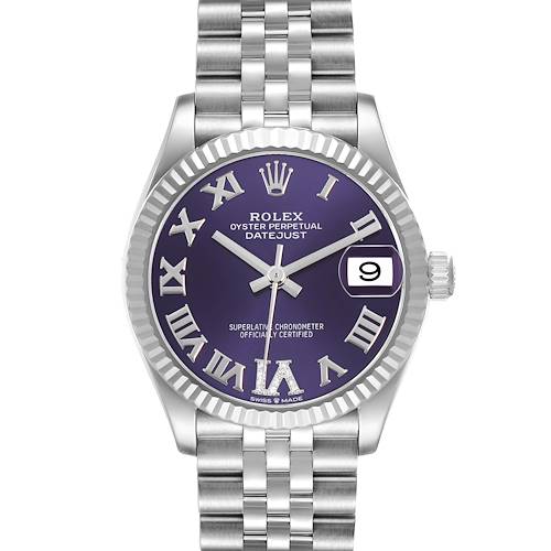 The Rolex Datejust 278274 Women's Stainless Steel Purple Dial watch is shown from a front angle, displaying the face, bezel, bracelet, and crown.