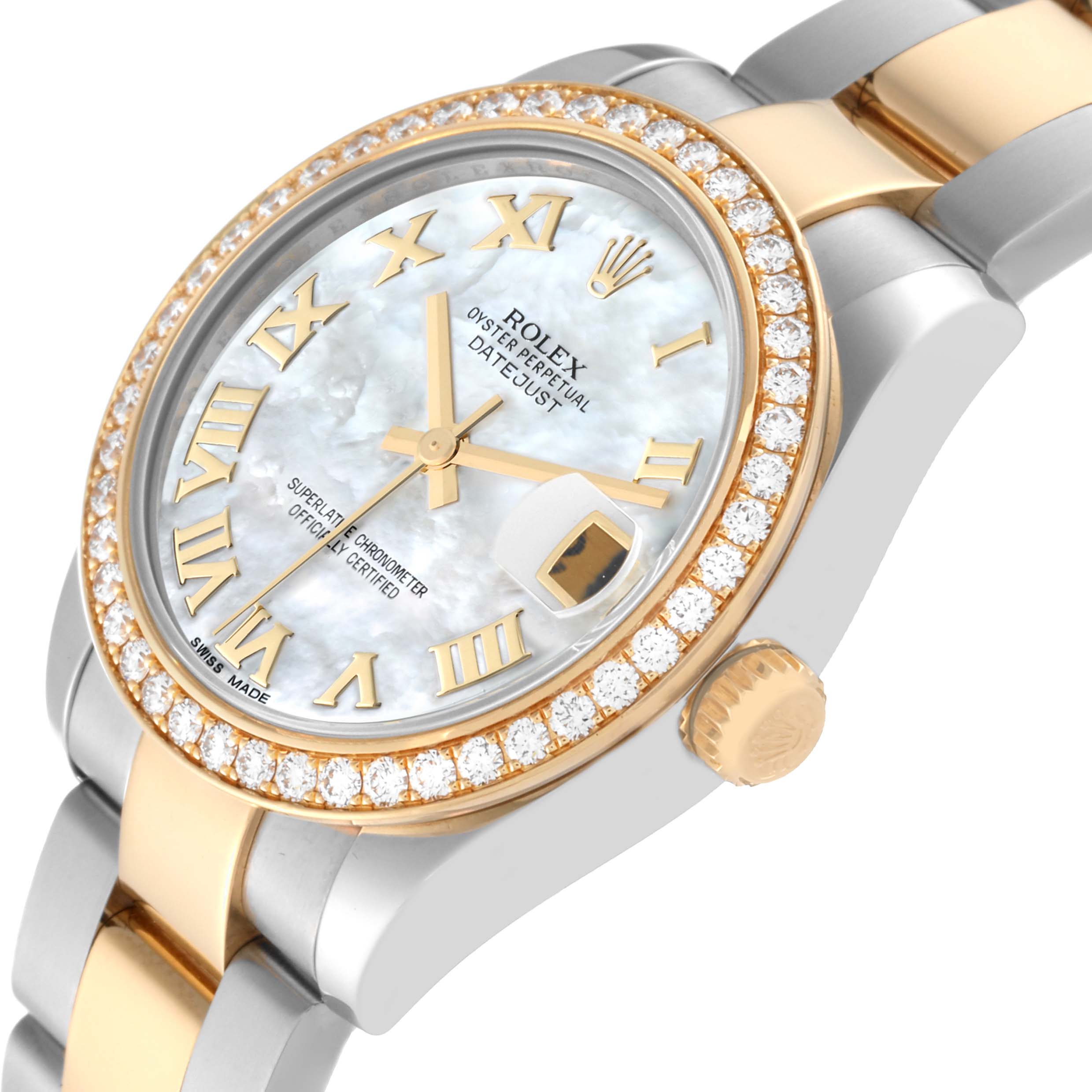 This image shows a Rolex Datejust Mid-Size watch at an angled close-up, highlighting the face, bezel, and part of the bracelet.