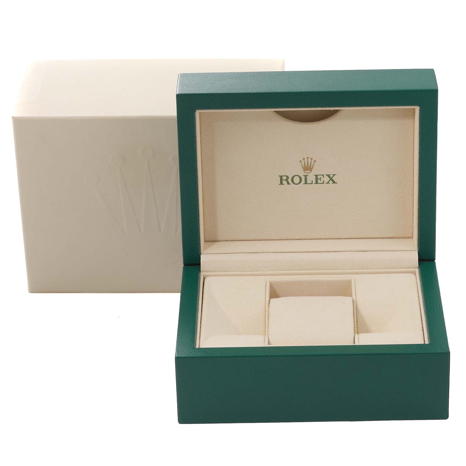 The image shows an open green Rolex watch box and its outer beige packaging for a Mid-Size model.