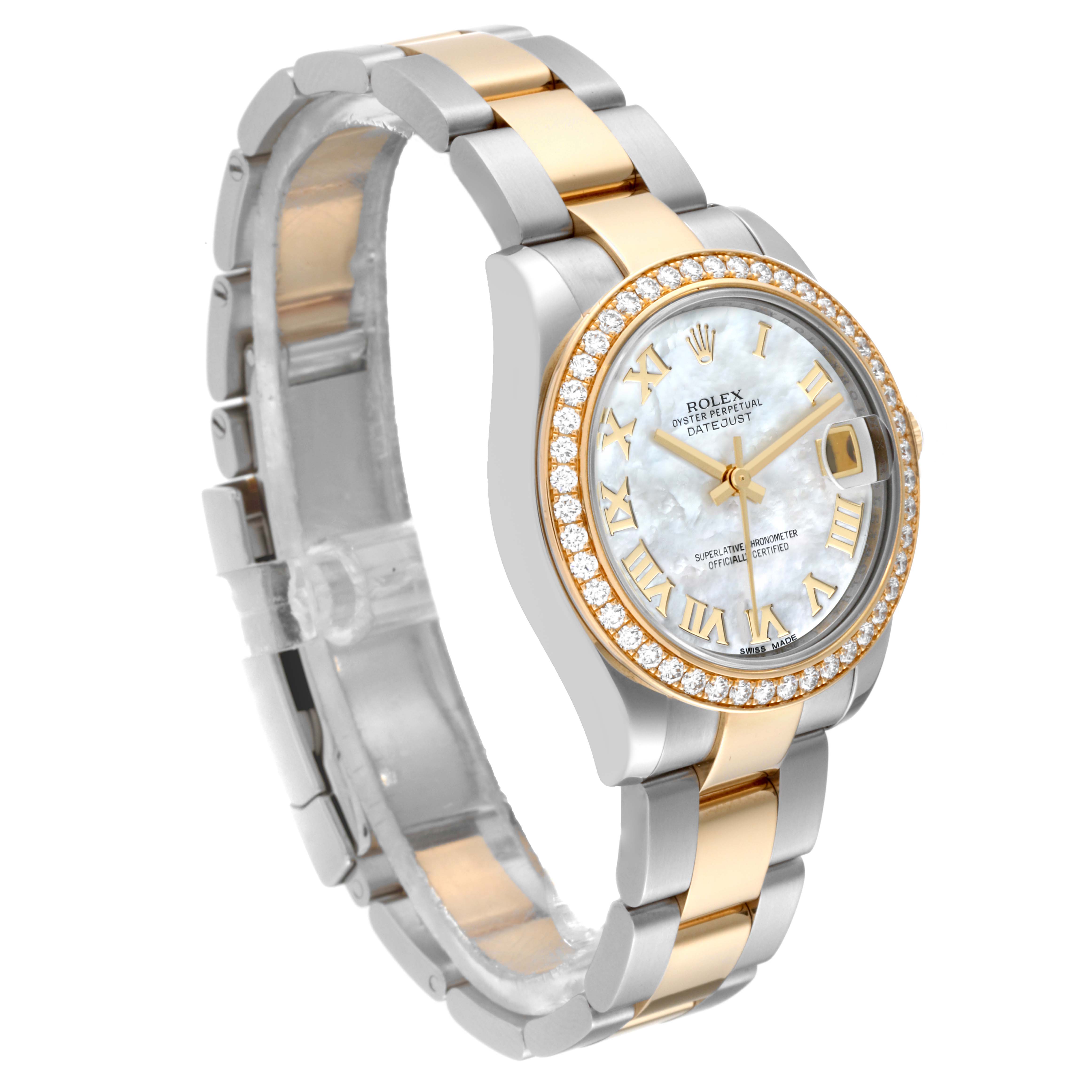 This image shows a Mid-Size Rolex Datejust watch at an angle featuring the dial, bezel, and portion of the bracelet.