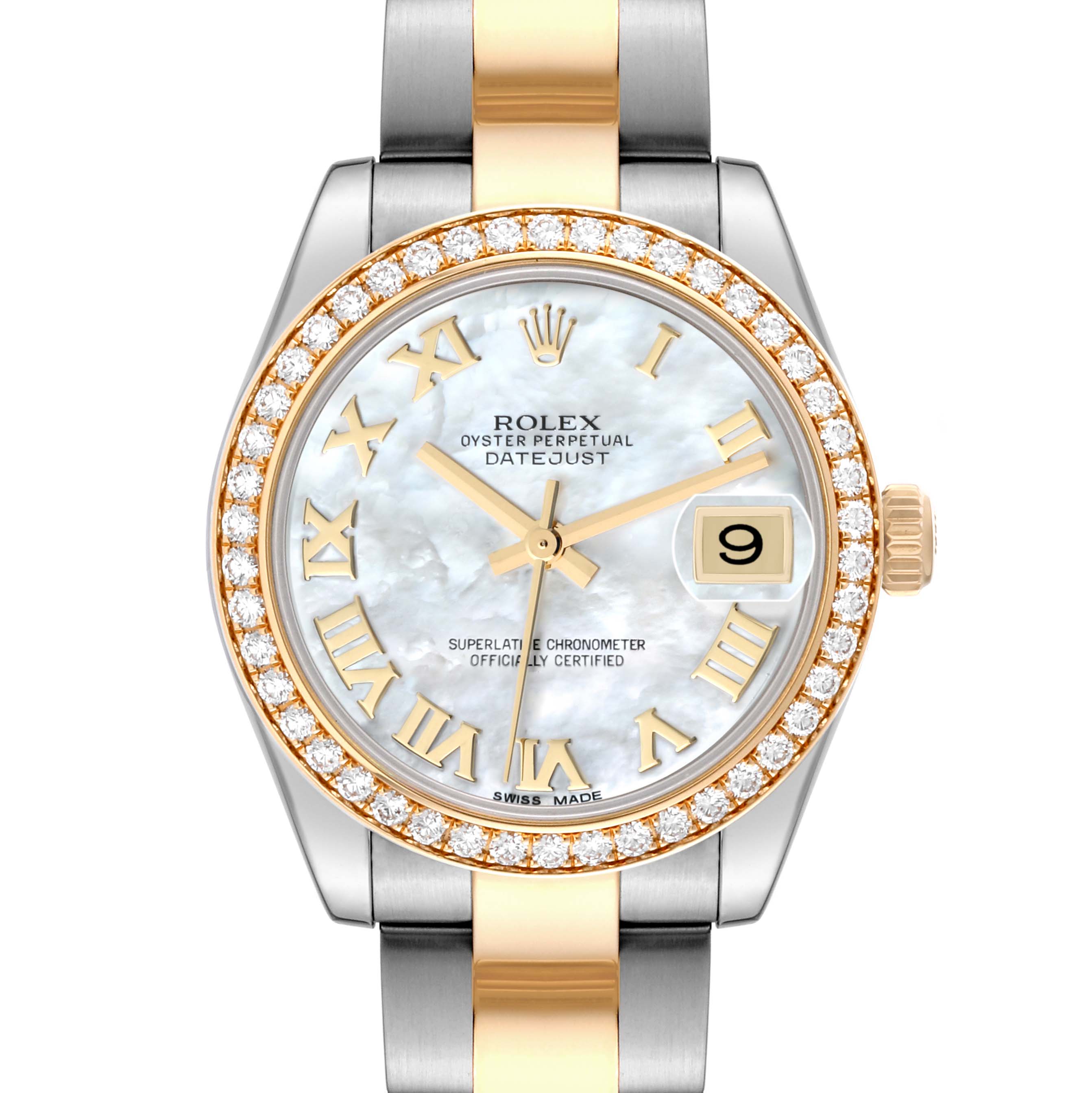 The Rolex Mid-Size 178383 Women's Steel and Gold (two tone) Mother of Pearl Dial 178383 Women's Steel and Gold (two tone) Mother of Pearl Dial Datejust watch is shown from a front angle, highlighting its face, bezel, and part of the bracelet.