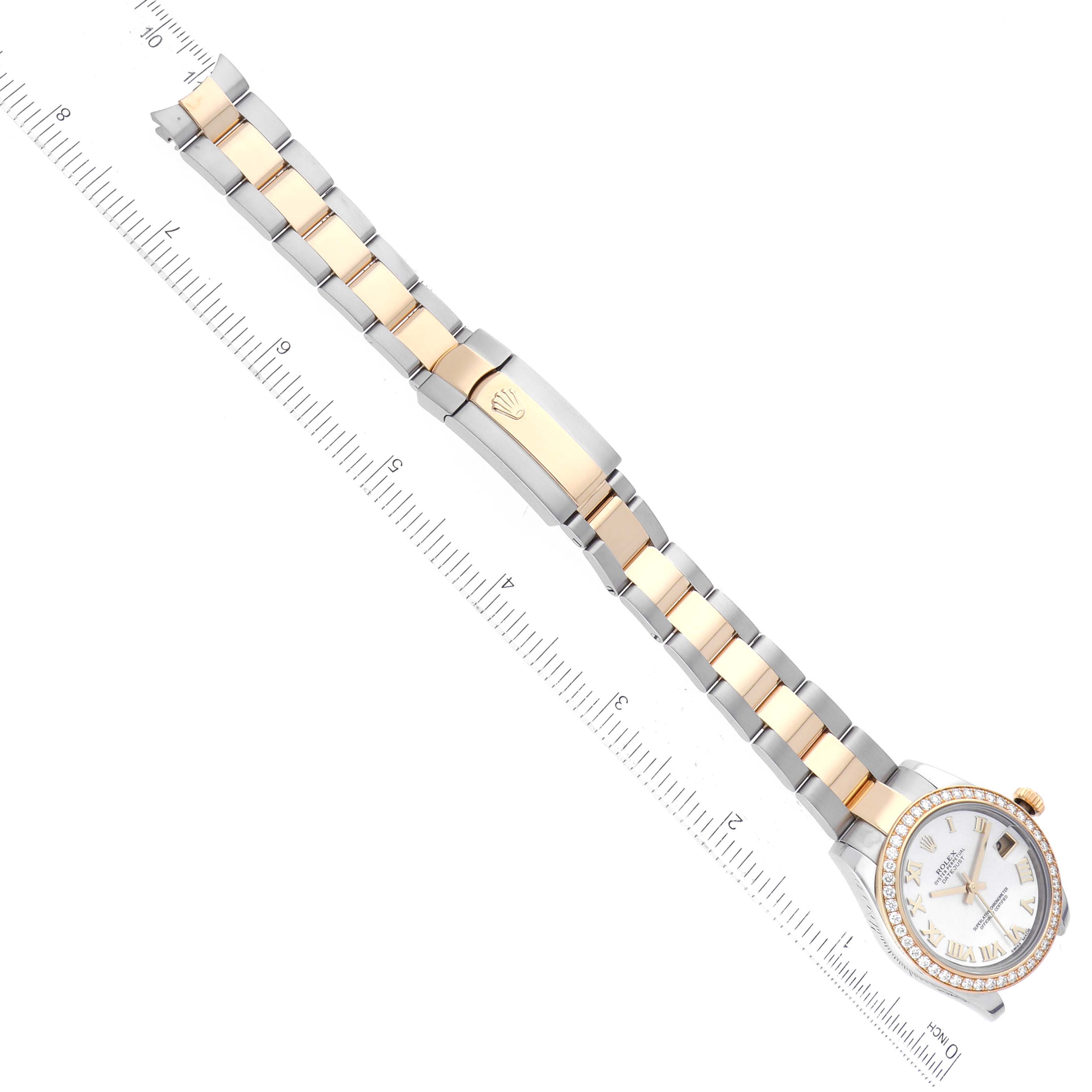 The image shows a full view of the Rolex Mid-Size 178383 Women's Steel and Gold (two tone) Mother of Pearl Dial 178383 Women's Steel and Gold (two tone) Mother of Pearl Dial model watch, including the bracelet, clasp, and face of the watch.