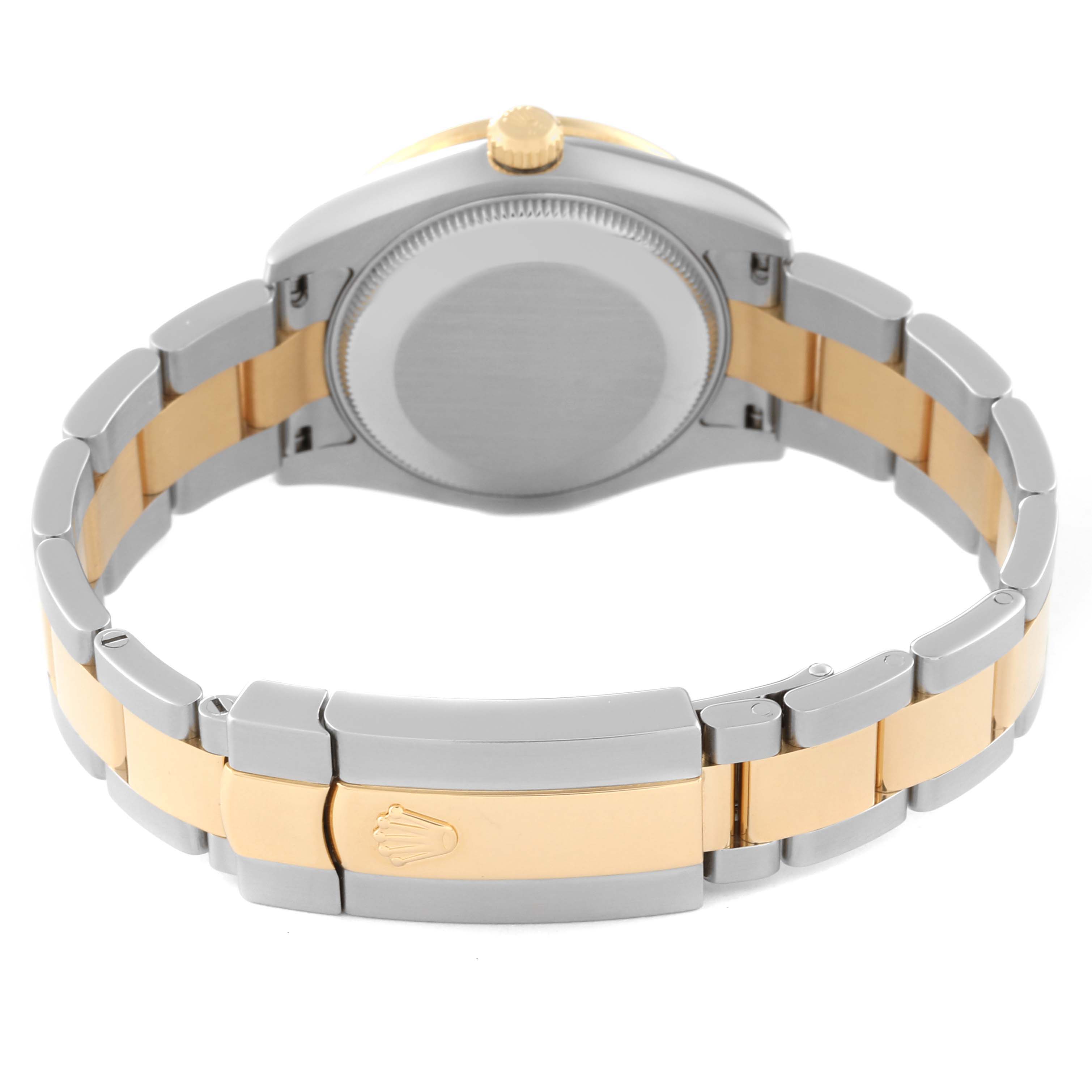 The image shows the backside and bracelet of the Rolex Mid-Size 178383 Women's Steel and Gold (two tone) Mother of Pearl Dial 178383 Women's Steel and Gold (two tone) Mother of Pearl Dial model, highlighting its two-tone band and clasp.