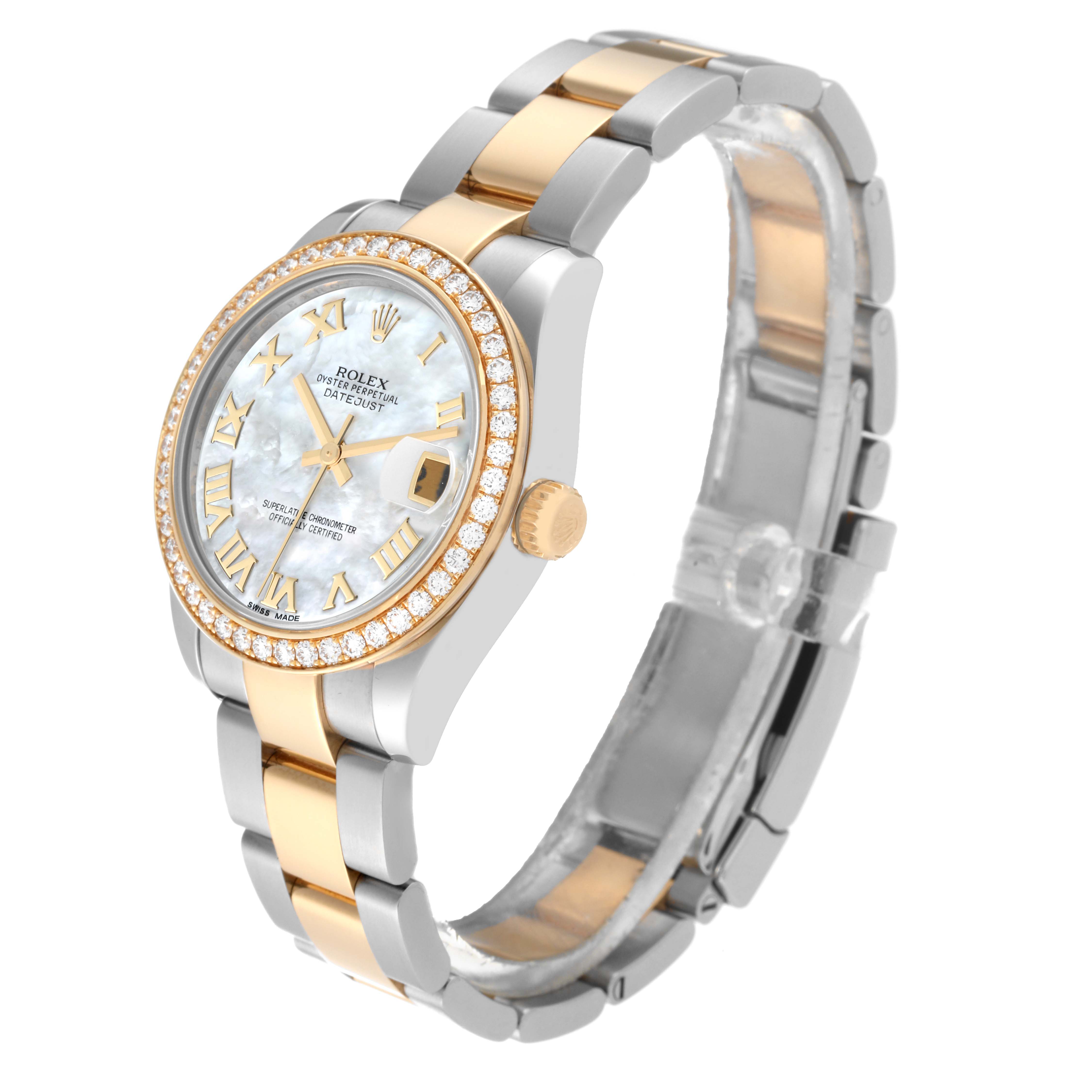 The image shows a side angle of a Rolex Datejust Mid-Size watch, highlighting its bezel, dial, bracelet, and crown.