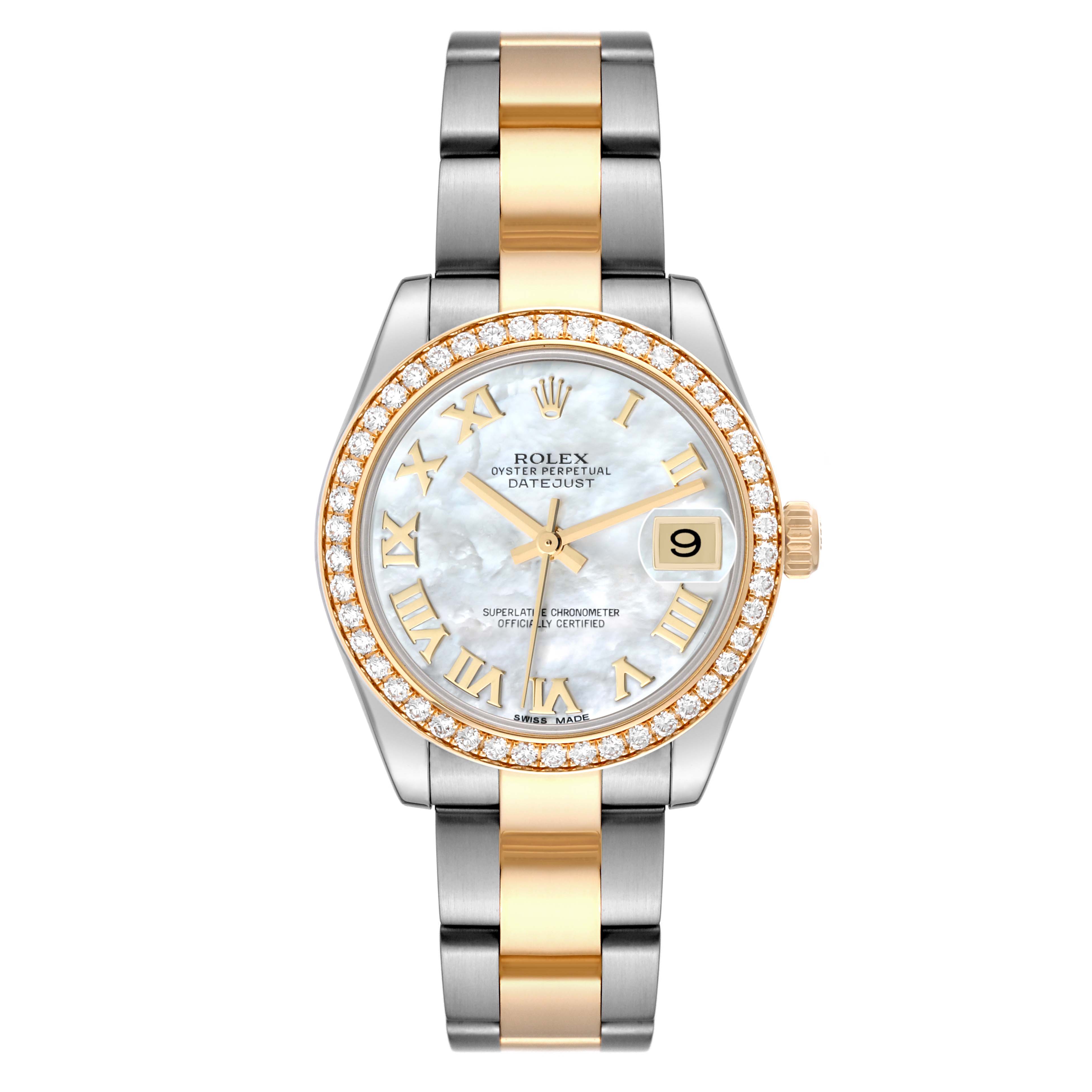 The image shows a front view of a Mid-Size Rolex Datejust watch with a two-tone bracelet and diamond-encrusted bezel.