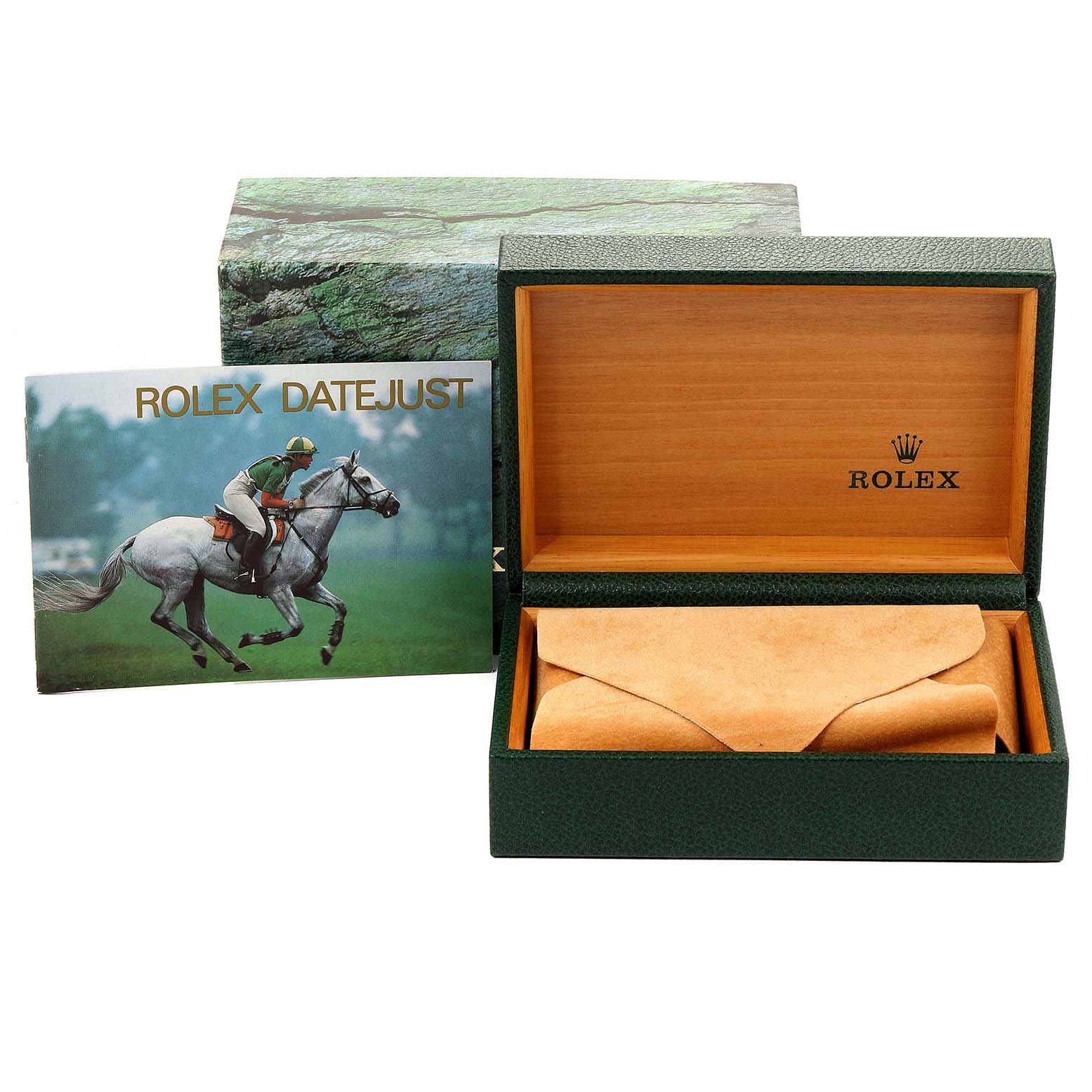 This image shows an open Rolex Datejust 16233 Men
s Steel and Gold (two tone) Champagne Dial 16233 Men
s Steel and Gold (two tone) Champagne Dial watch box with its outer cardboard box and the accompanying manual.