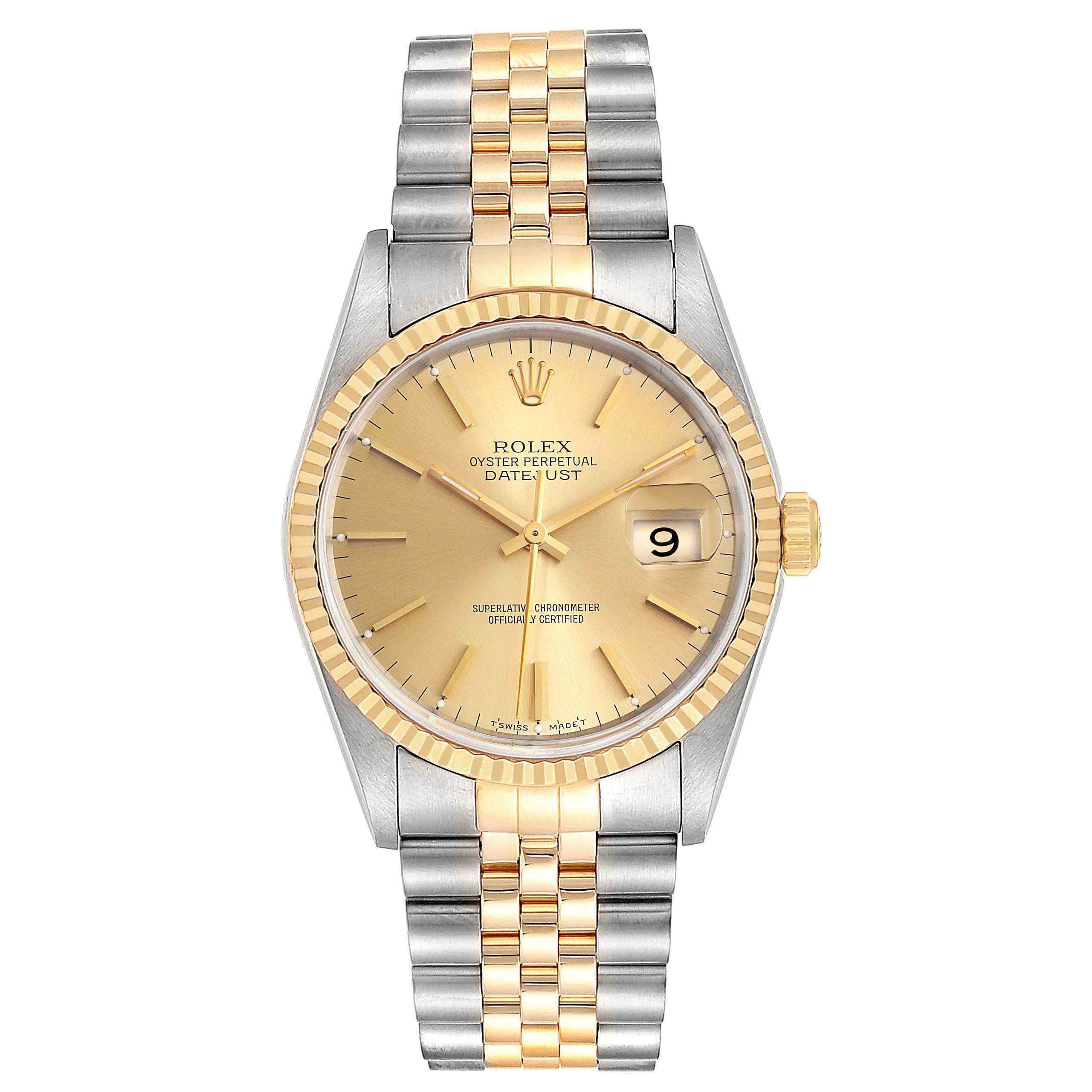 The image shows a frontal view of a Rolex Datejust 16233 Men
s Steel and Gold (two tone) Champagne Dial 16233 Men
s Steel and Gold (two tone) Champagne Dial watch, highlighting its two-tone bracelet, champagne dial, and date window.
